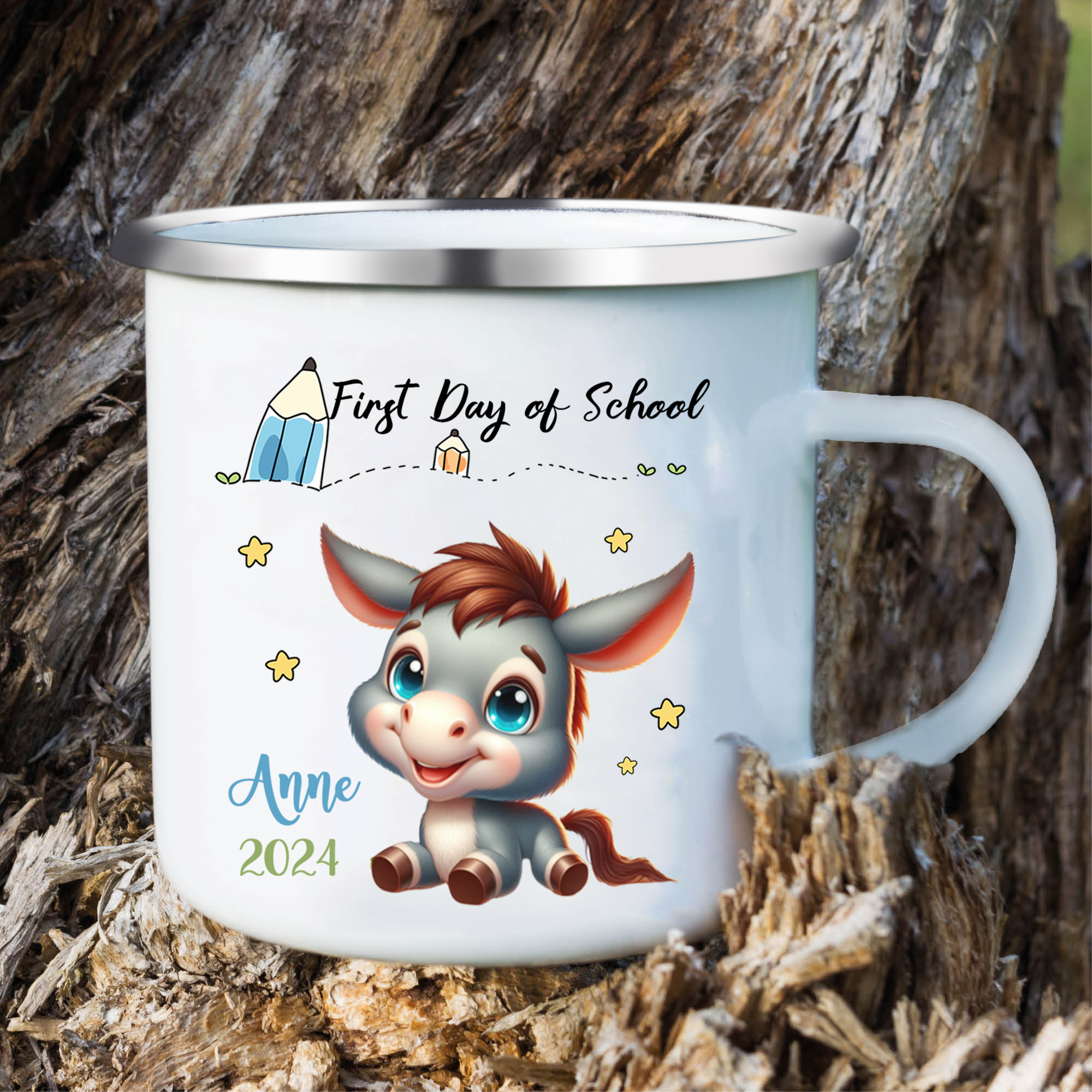 Cute Cartoon Donkey Custom Kid's Name and Date Personalised Enamel Camping Mugs for Children – First Day Of School Gift