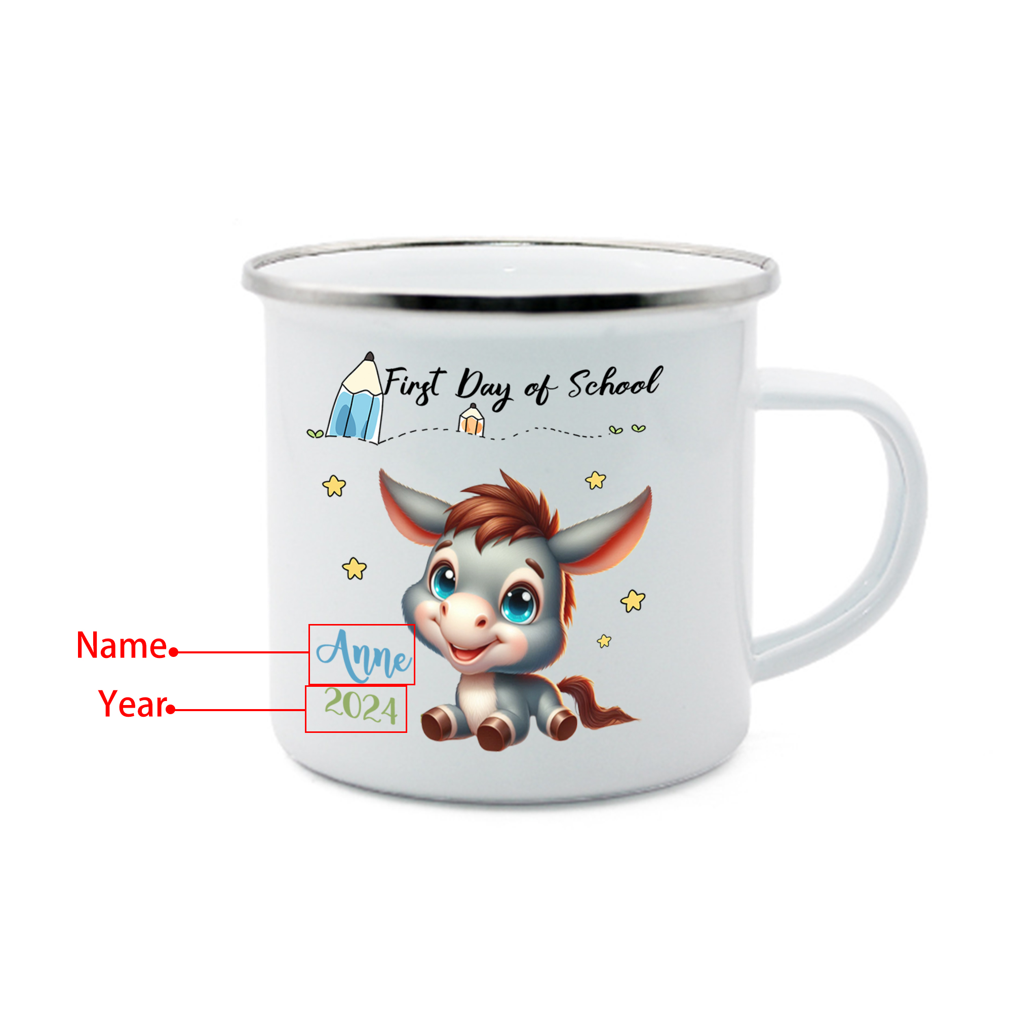Cute Cartoon Donkey Custom Kid's Name and Date Personalised Enamel Camping Mugs for Children – First Day Of School Gift