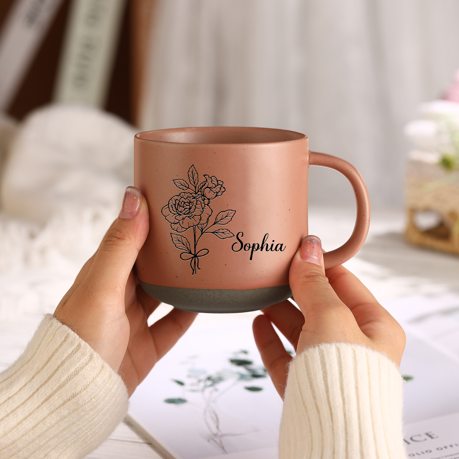Personalised Ceramic Mug With Birth Flowers and Name Enamel Mug As A Gift for Mum/Nan