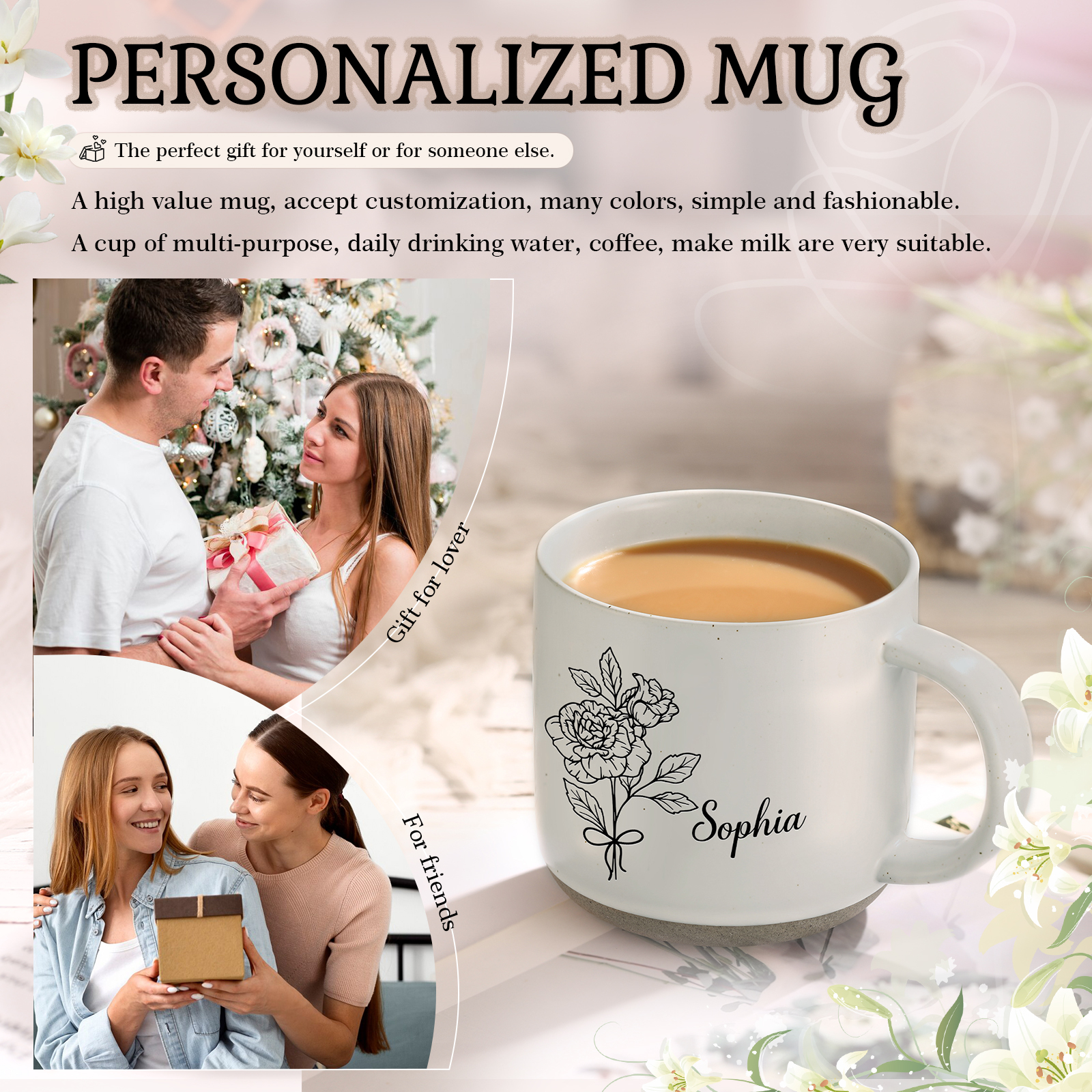 Personalised Ceramic Mug With Birth Flowers and Name Enamel Mug As A Gift for Mum/Nan