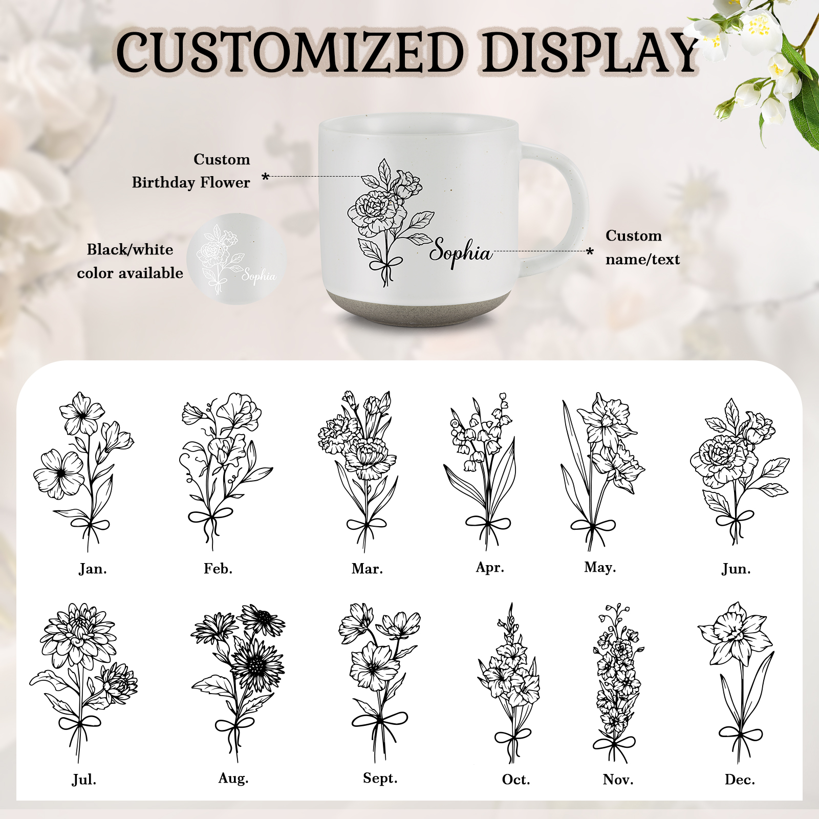 Personalised Ceramic Mug With Birth Flowers and Name Enamel Mug As A Gift for Mum/Nan