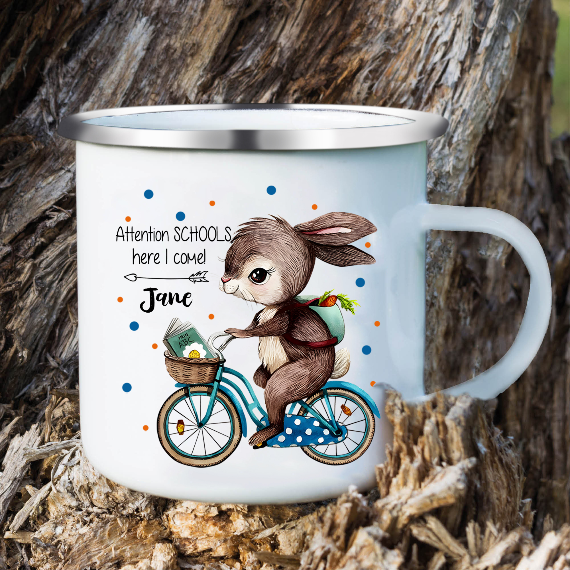 Personalized Enamel Cup Custom Name Mug Rabbit Riding A Bicycle Back To School Gift For Kids