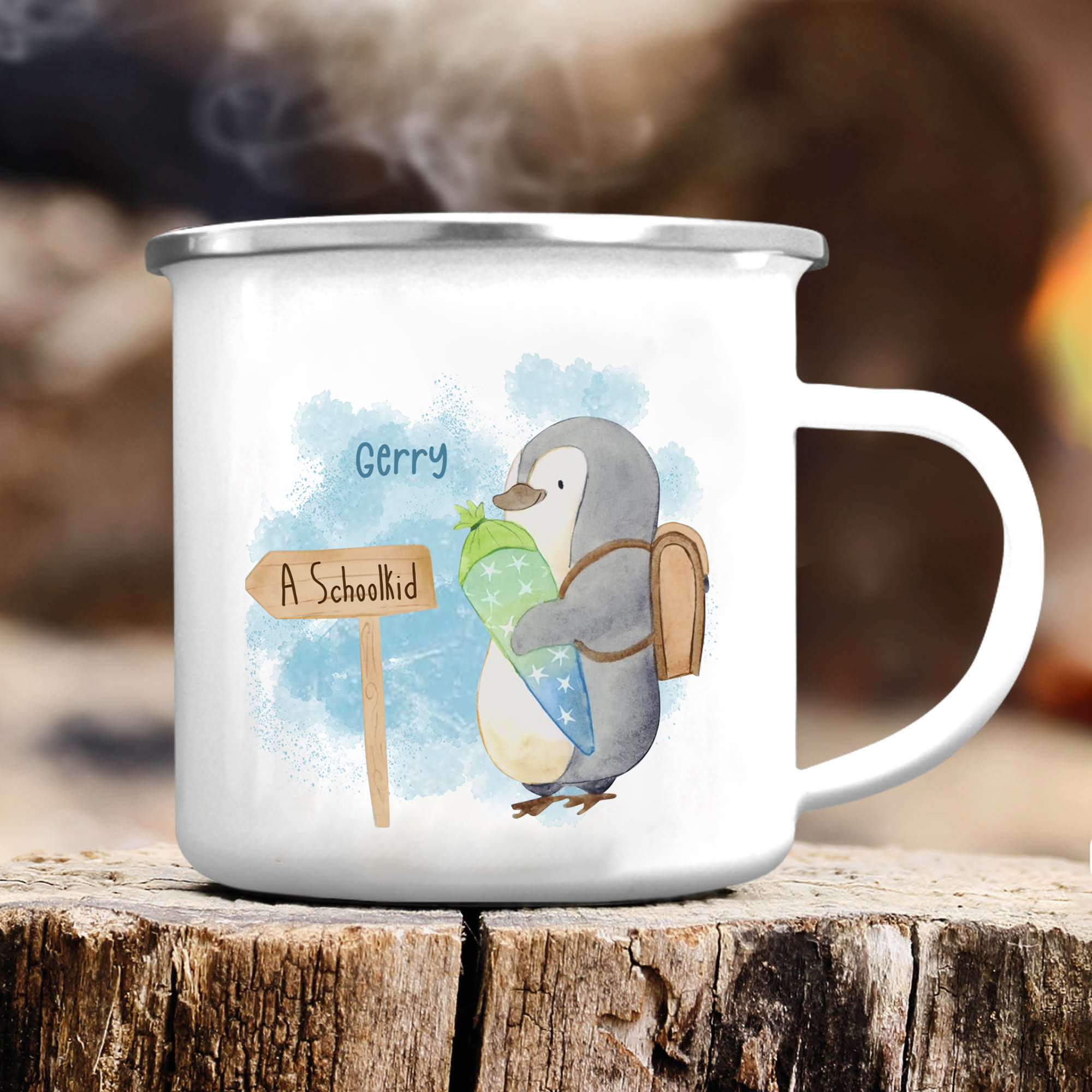 Personalized Penguin Enamel Mug Customized Name Children Back to School Gift for Kids