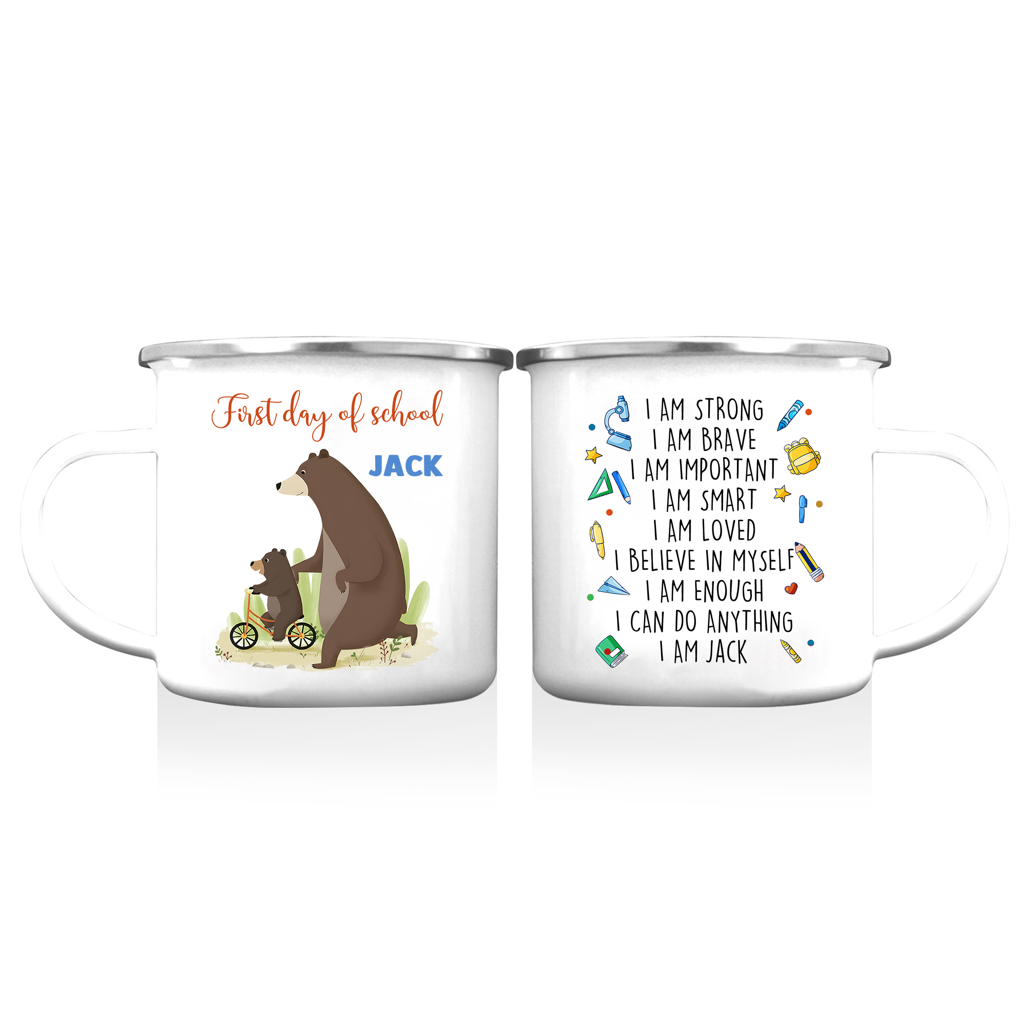 Personalized Enamel Mug With Name Bear Dad And Child Back To School Gift For Kids