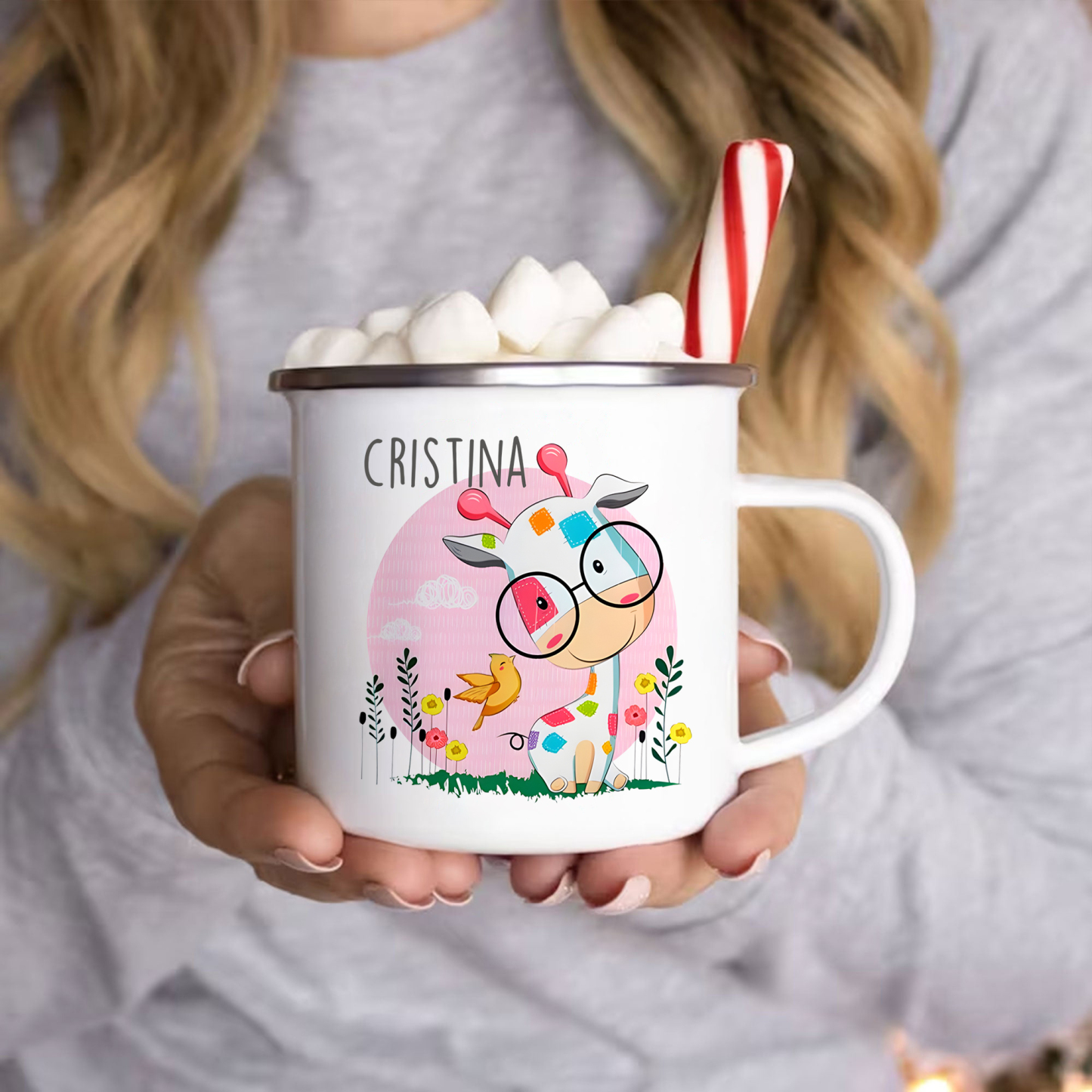 Personalized Enamel Cup Custom Name Giraffe Cup Back to School Gift for Kids