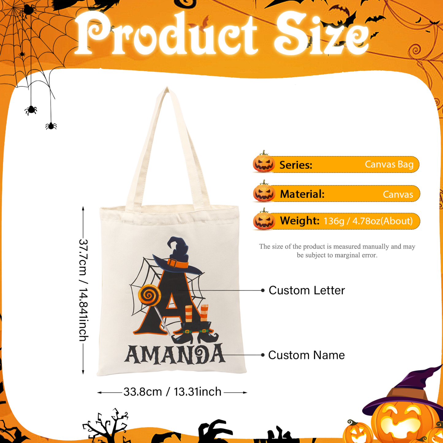 Personalized Halloween Canvas Tote Bag - Custom Letter and Name Design for Family | Jessmade