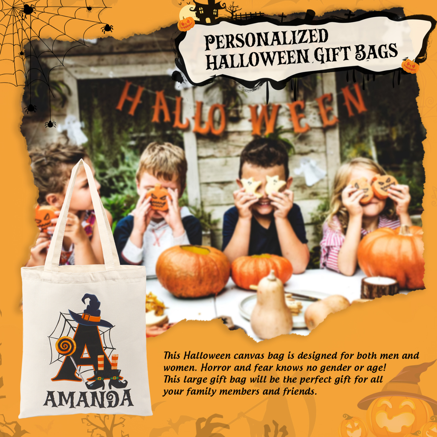 Personalized Halloween Canvas Tote Bag - Custom Letter and Name Design for Family | Jessmade