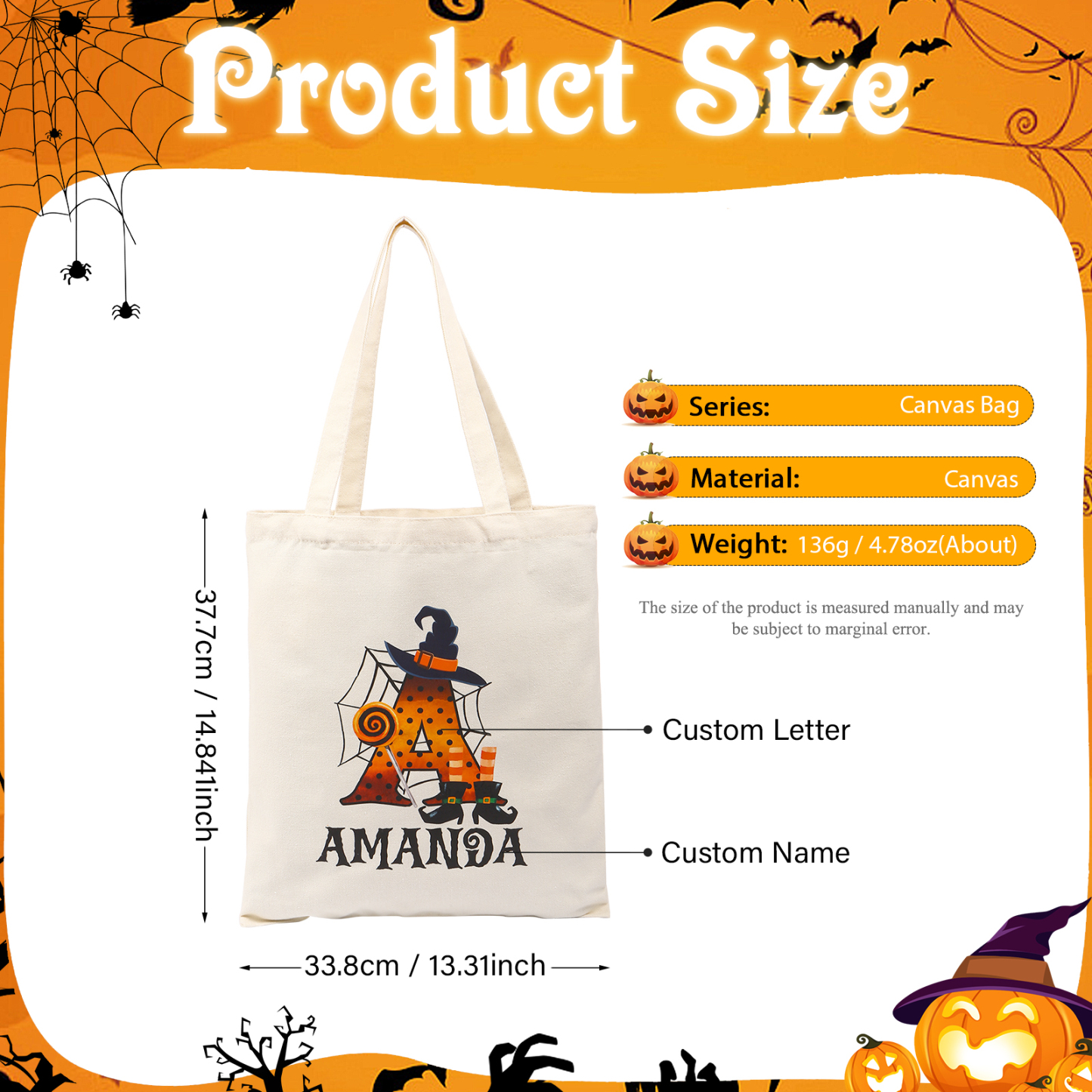 Personalized Halloween Canvas Tote Bag - Custom Letter and Name Design for Family | Jessmade