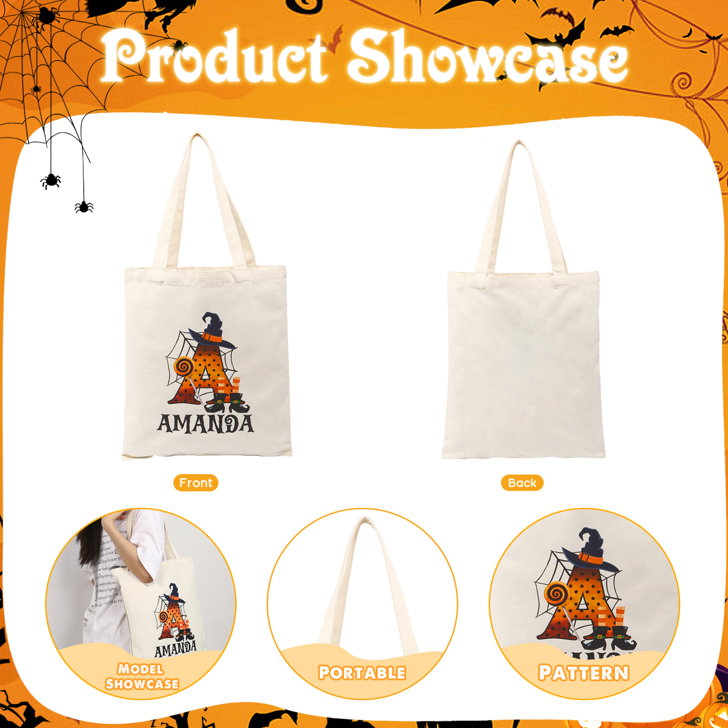 Personalized Halloween Canvas Tote Bag - Custom Letter and Name Design for Family | Jessmade