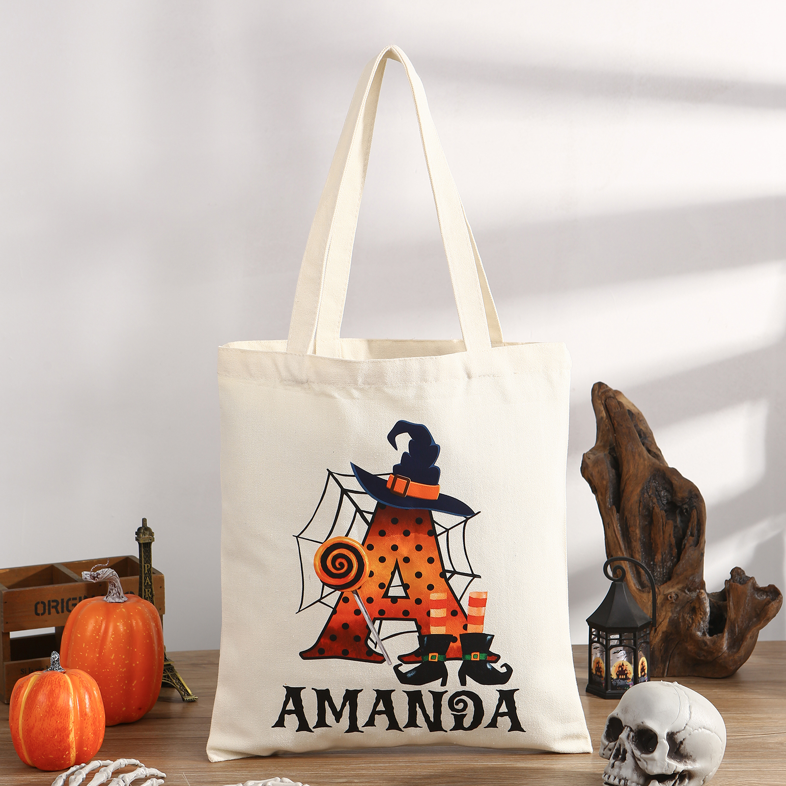 Personalized Halloween Canvas Tote Bag - Custom Letter and Name Design for Family | Jessmade