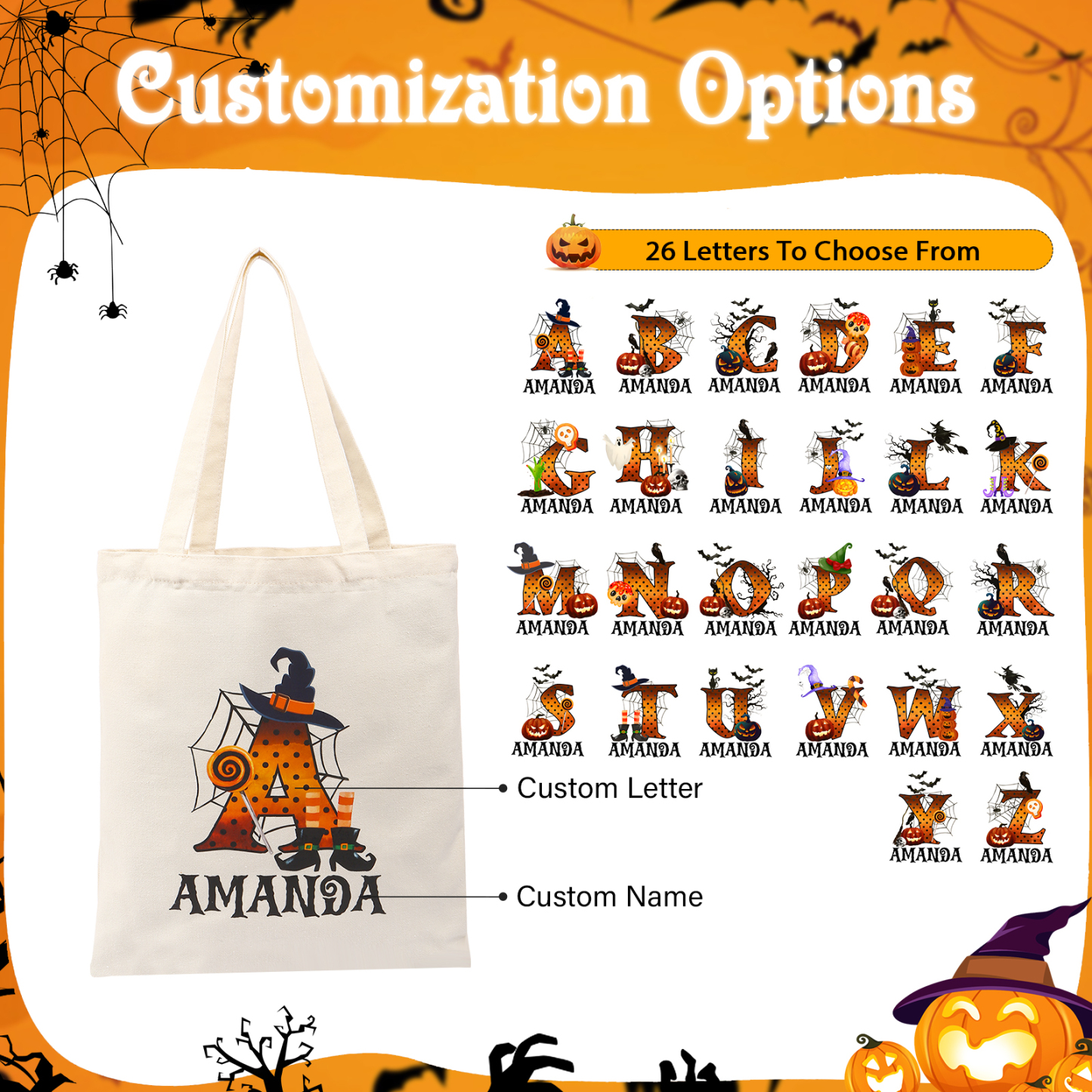 Personalized Halloween Canvas Tote Bag - Custom Letter and Name Design for Family | Jessmade