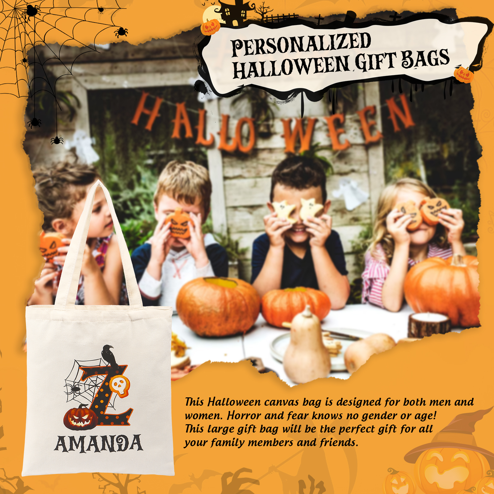 Personalized Halloween Canvas Tote Bag - Custom Letter and Name Design for Family | Jessmade