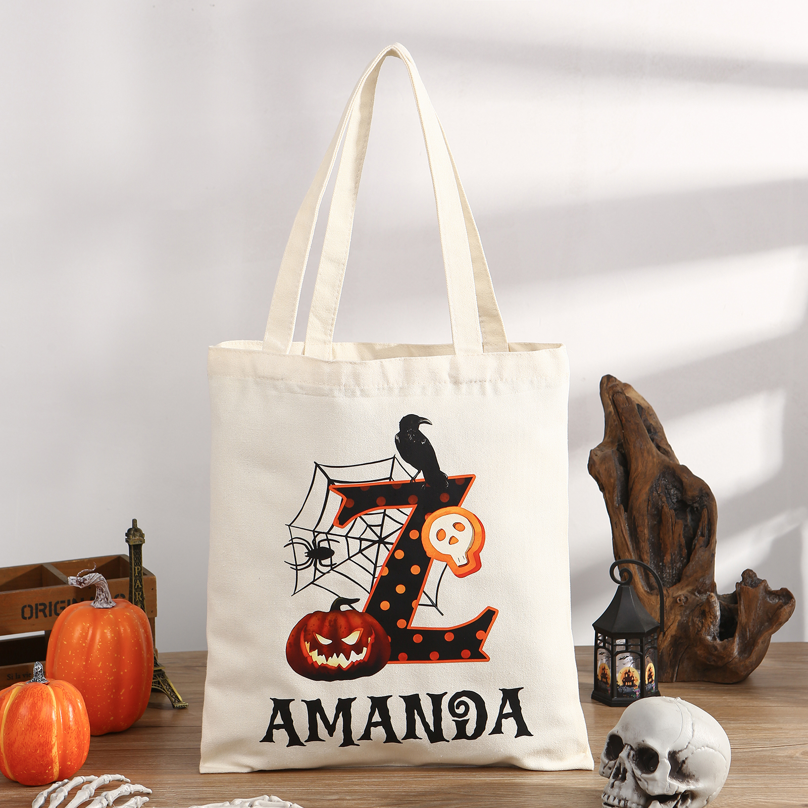 Personalized Halloween Canvas Tote Bag - Custom Letter and Name Design for Family | Jessmade