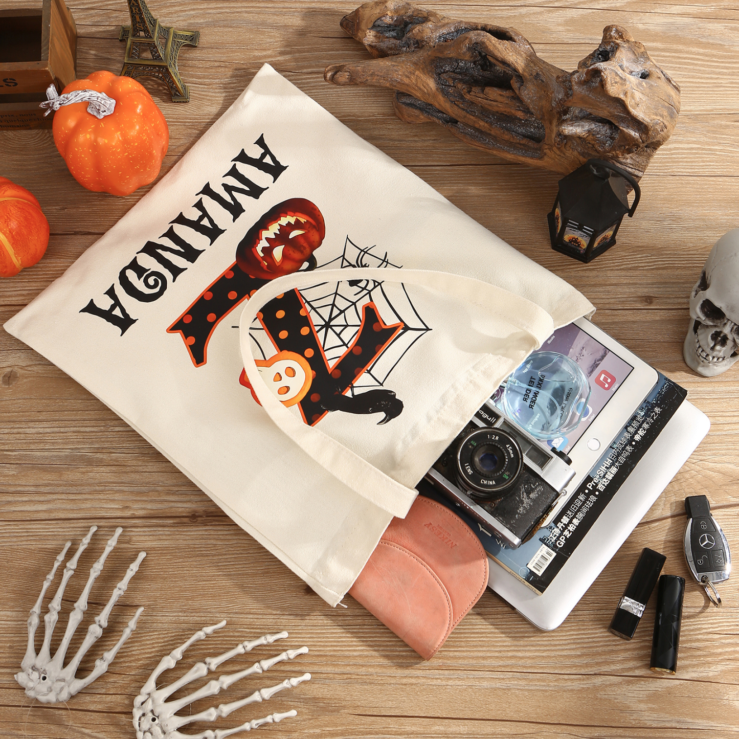 Personalized Halloween Canvas Tote Bag - Custom Letter and Name Design for Family | Jessmade
