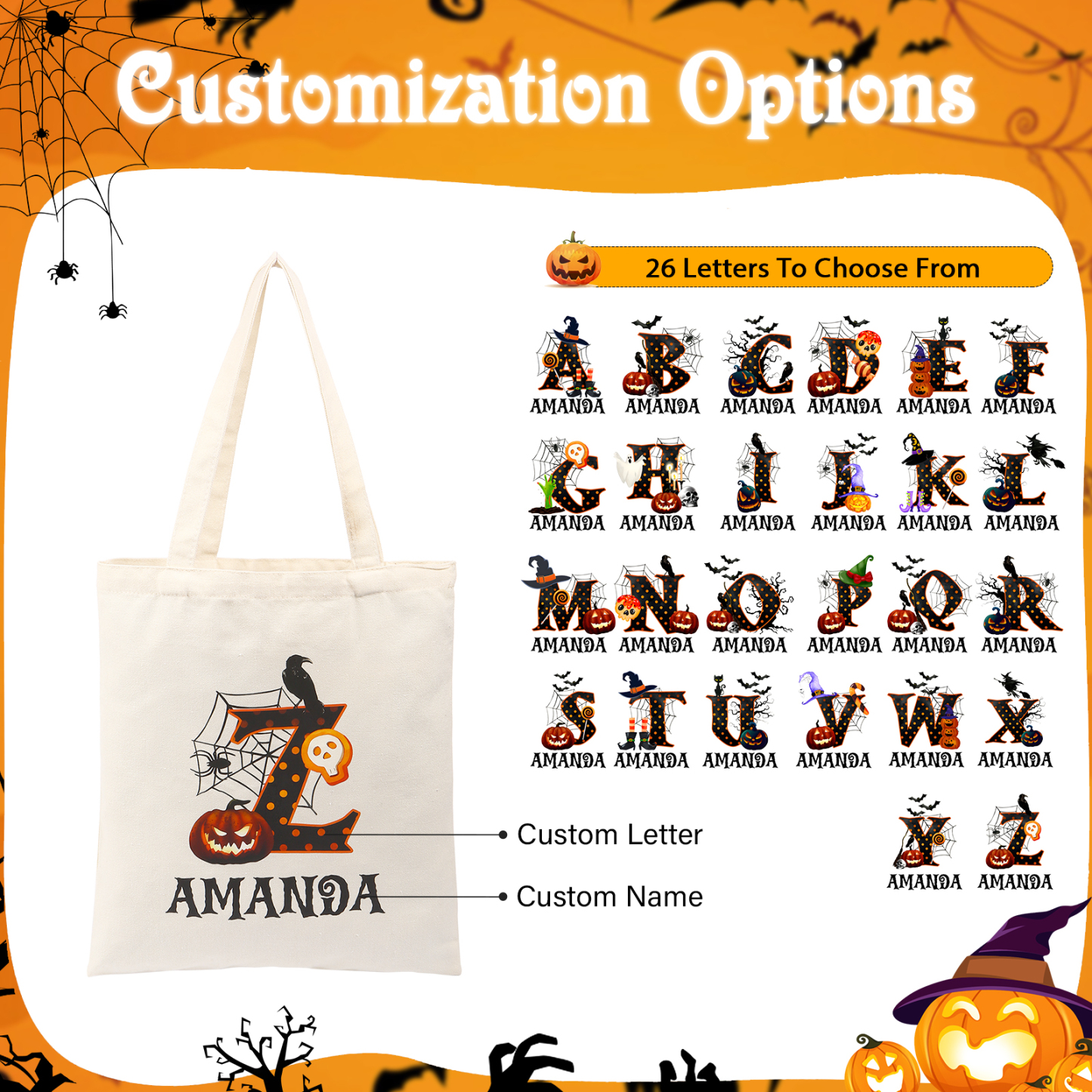 Personalized Halloween Canvas Tote Bag - Custom Letter and Name Design for Family | Jessmade