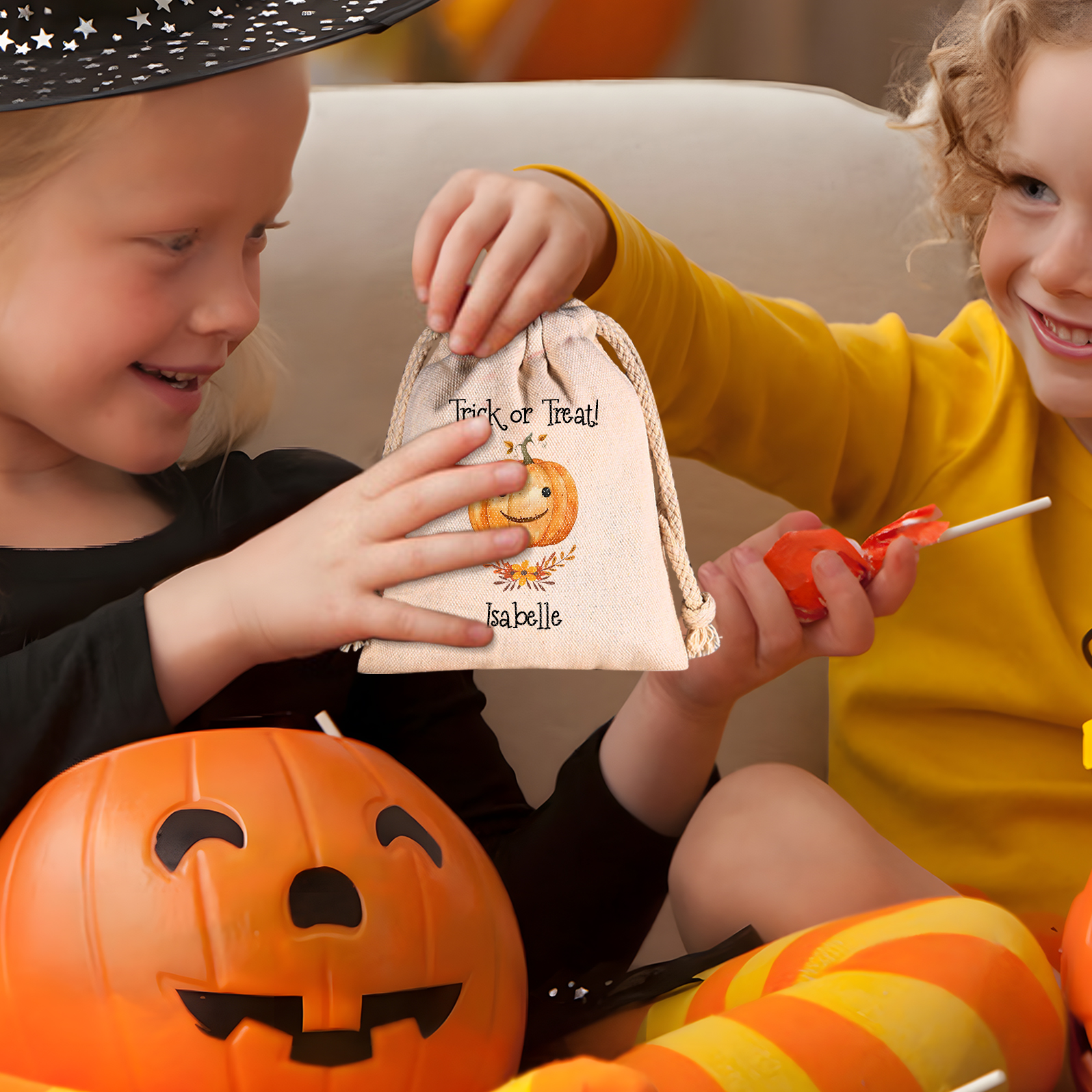 Personalised Halloween Trick or Treat Bags - Custom Named Marshmallow Bags with Pumpkin/Ghost Designs For Kids | Jessmade