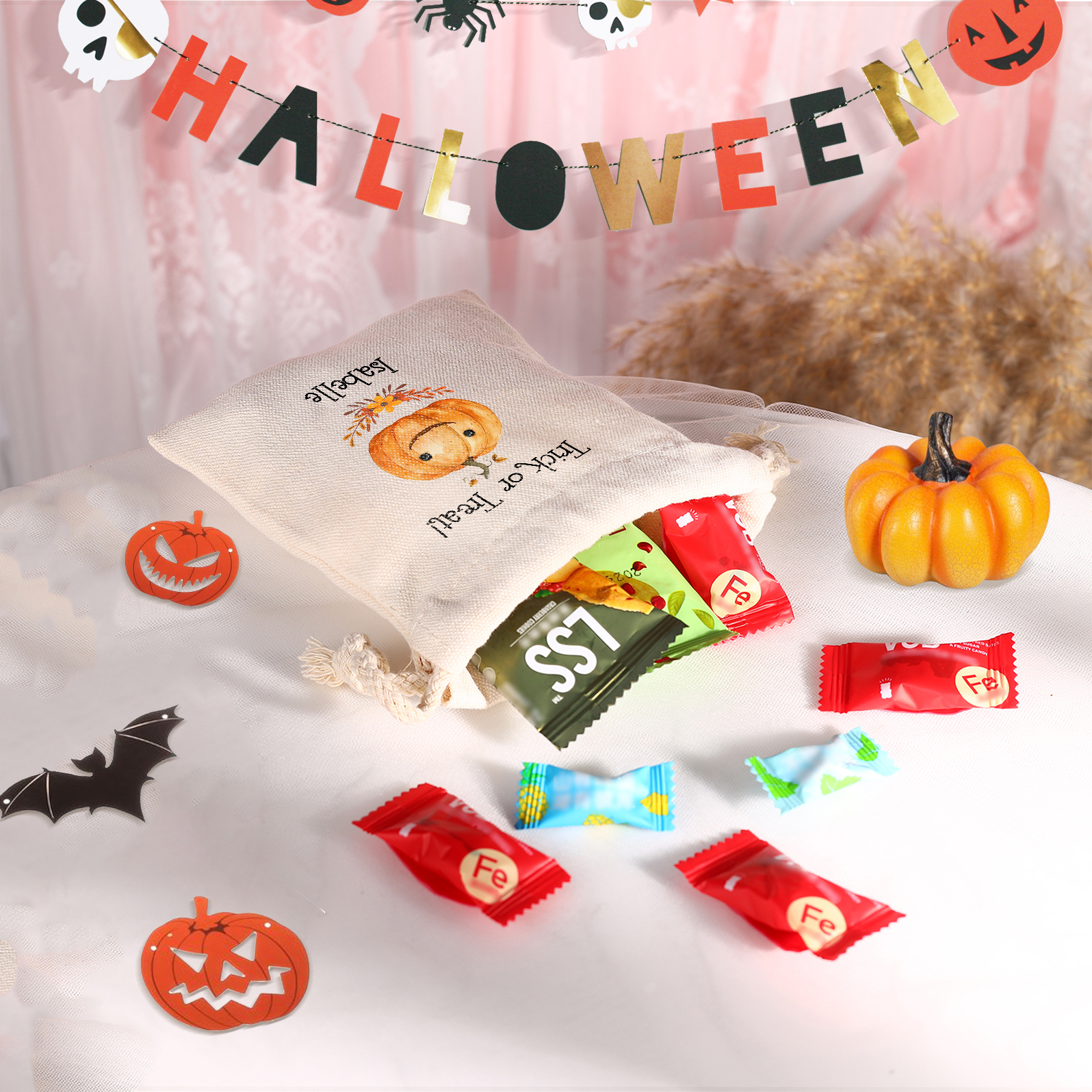 Personalised Halloween Trick or Treat Bags - Custom Named Marshmallow Bags with Pumpkin/Ghost Designs For Kids | Jessmade