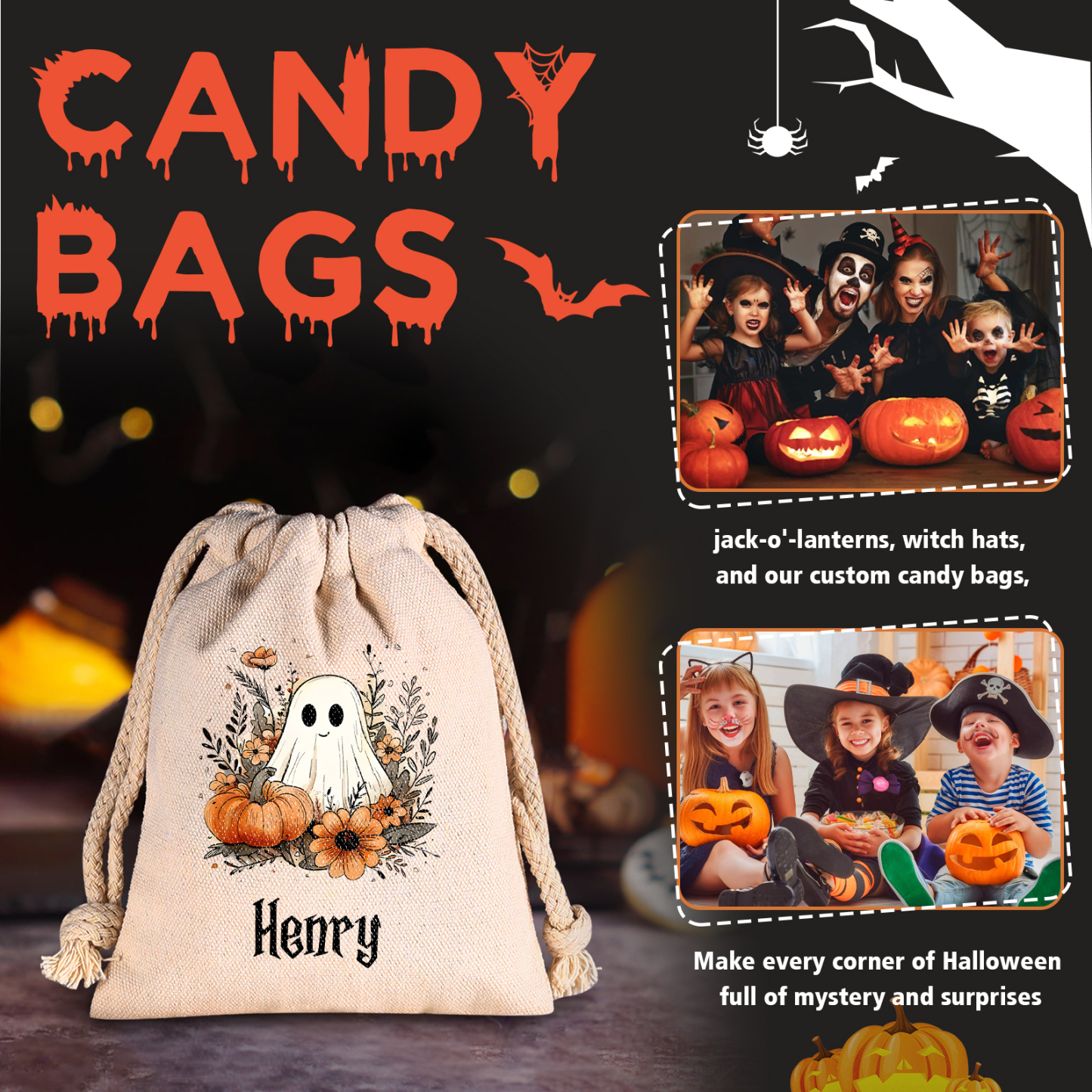 Personalised Halloween Trick or Treat Bags - Custom Named Marshmallow Bags with Pumpkin/Ghost Designs For Kids | Jessmade