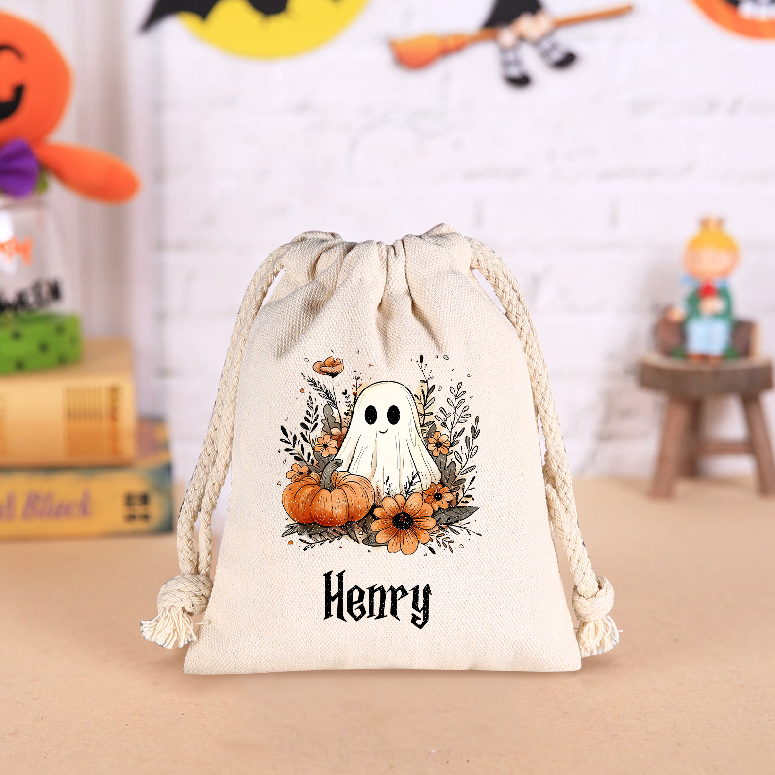 Personalised Halloween Trick or Treat Bags - Custom Named Marshmallow Bags with Pumpkin/Ghost Designs For Kids | Jessmade