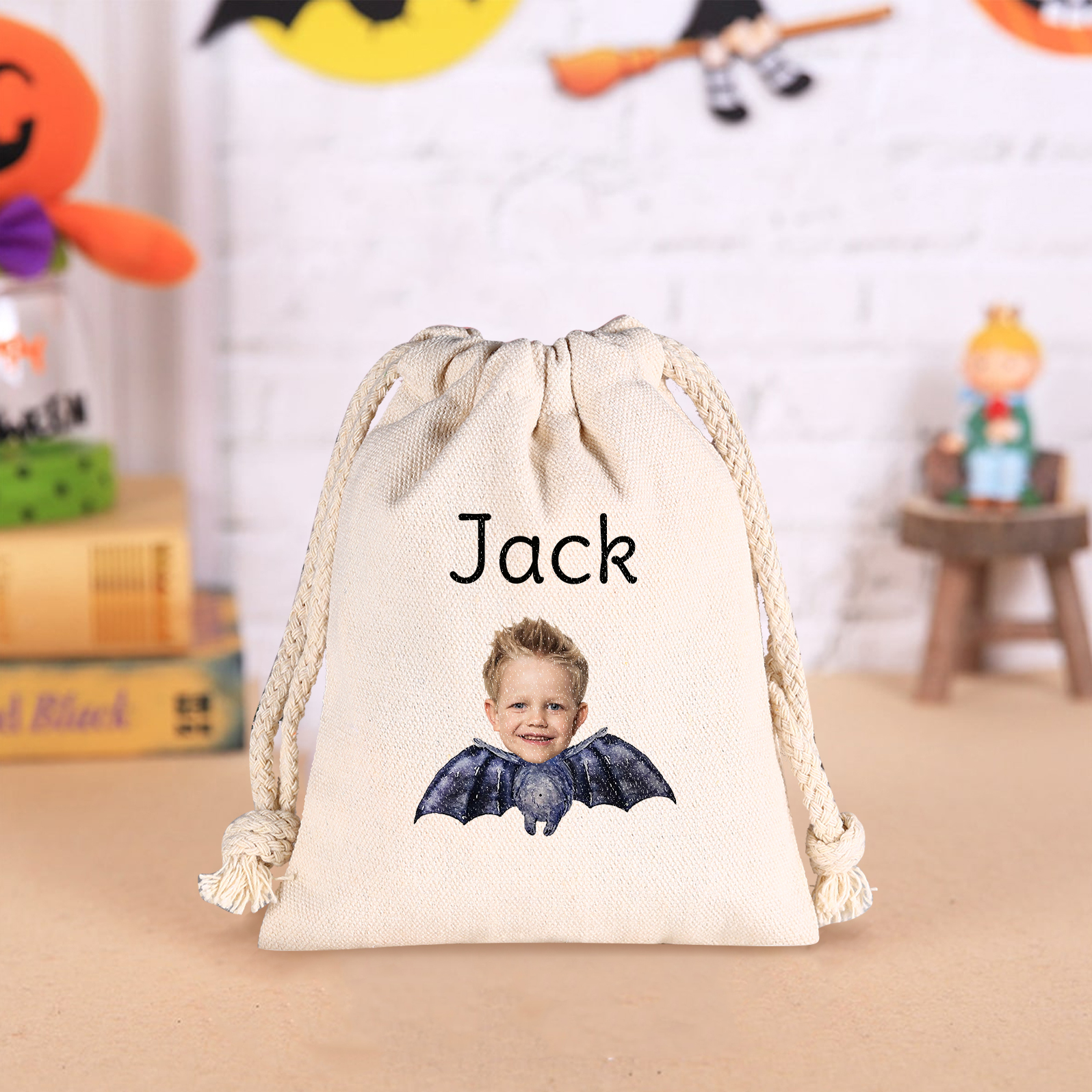 Personalised Halloween Drawstring Bag with Custom Photo and Name – Perfect for Trick or Treat! | Jessmade