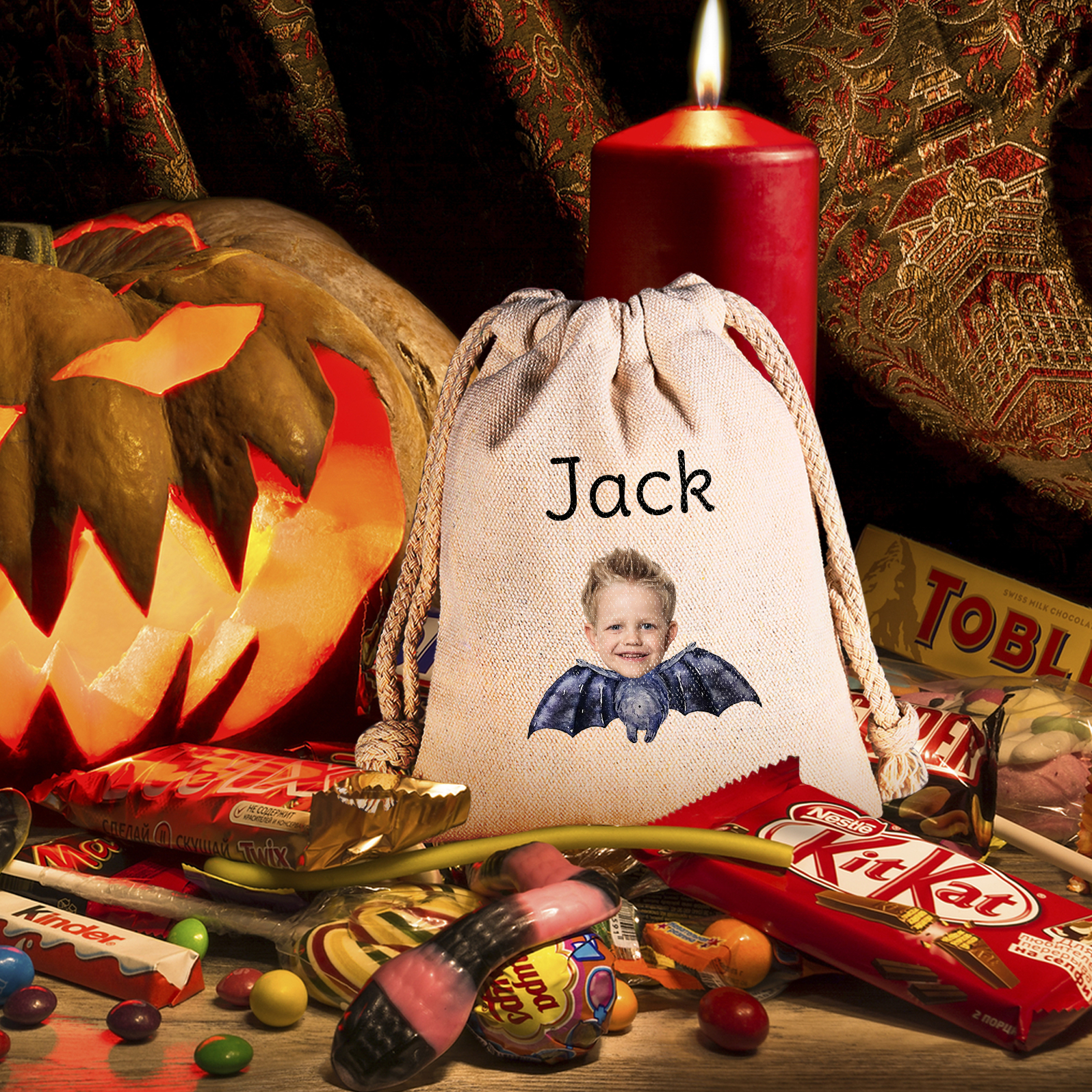 Personalised Halloween Drawstring Bag with Custom Photo and Name – Perfect for Trick or Treat! | Jessmade