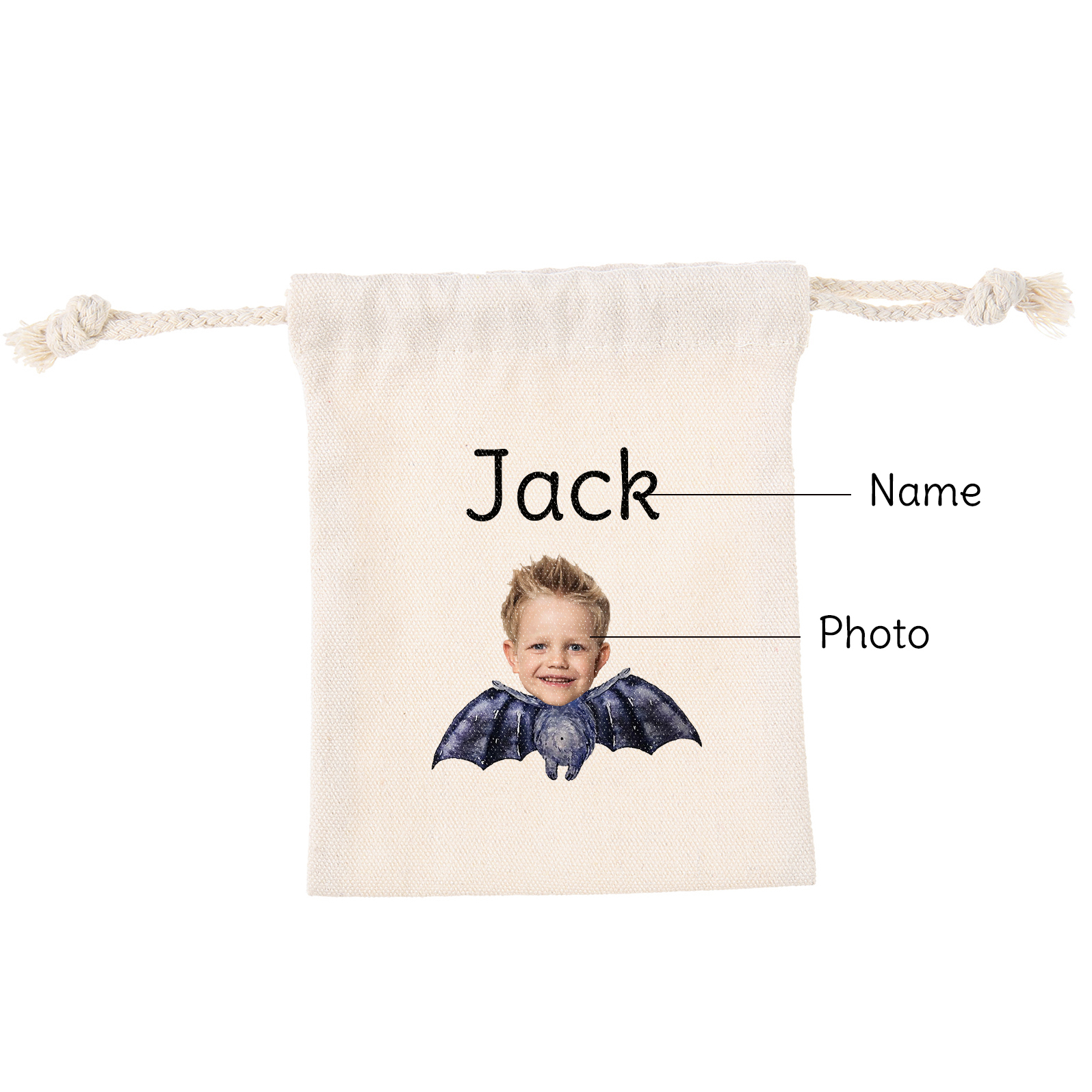 Personalised Halloween Drawstring Bag with Custom Photo and Name – Perfect for Trick or Treat! | Jessmade