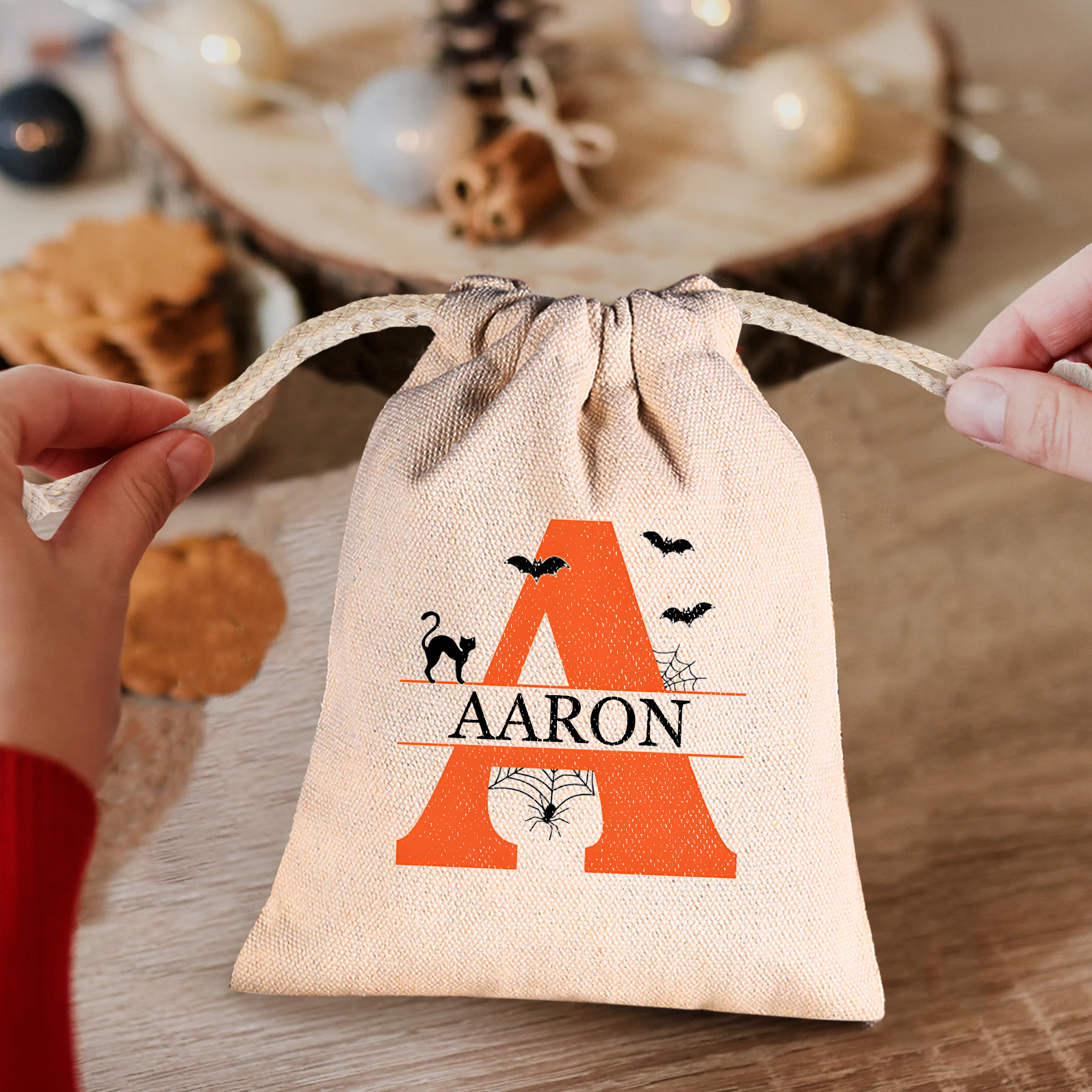 Personalised Halloween Trick or Treat Bag with Name and Initial - Cotton and Hemp Drawstring Candy Bag for Kids | Jessmade