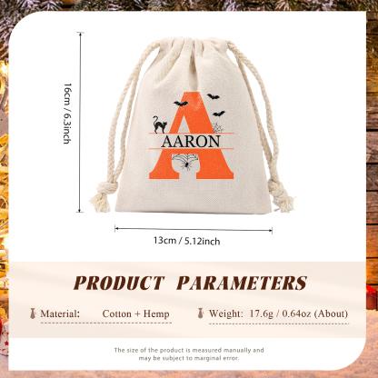Personalised Halloween Trick or Treat Bag with Name and Initial - Cotton and Hemp Drawstring Candy Bag for Kids | Jessmade