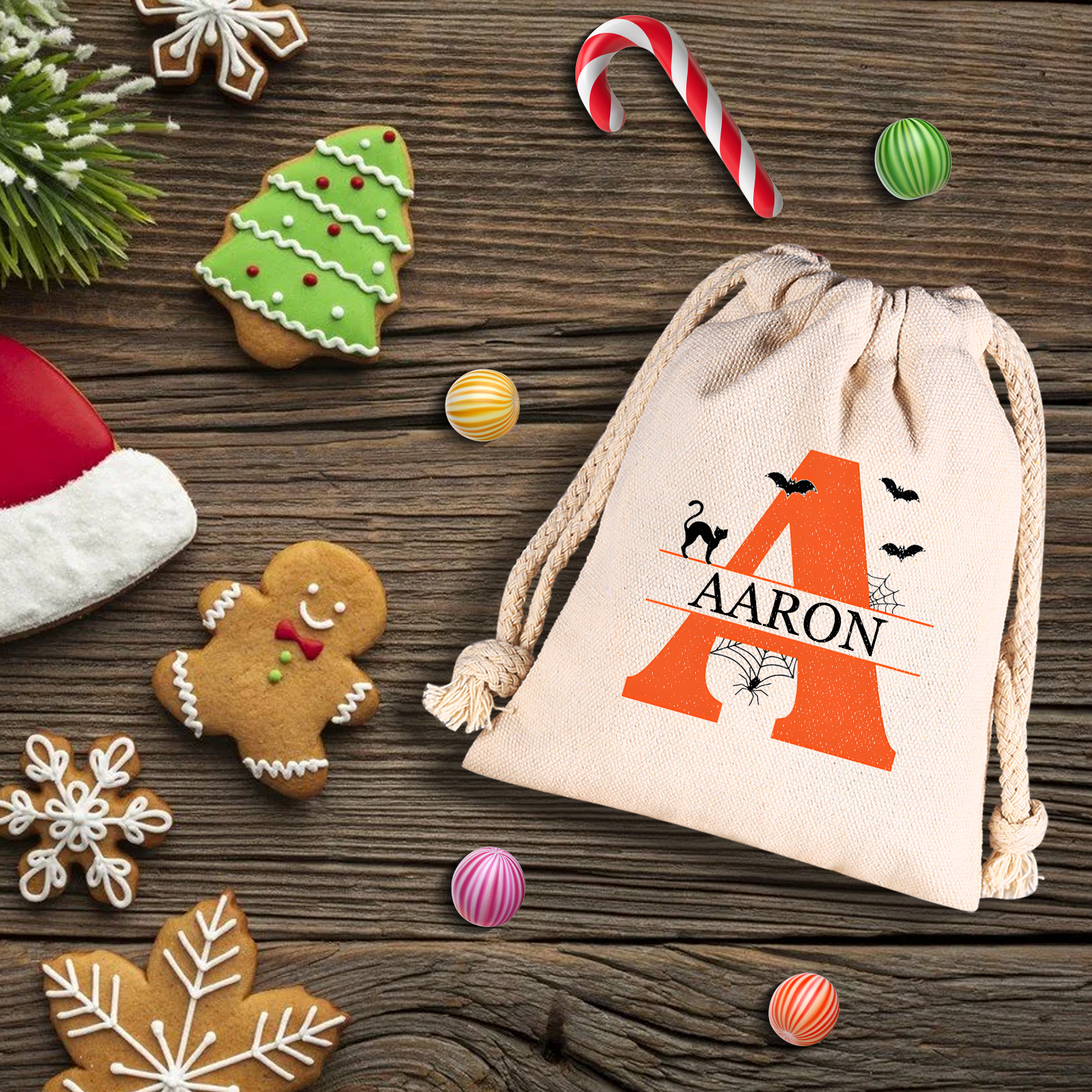Personalised Halloween Trick or Treat Bag with Name and Initial - Cotton and Hemp Drawstring Candy Bag for Kids | Jessmade