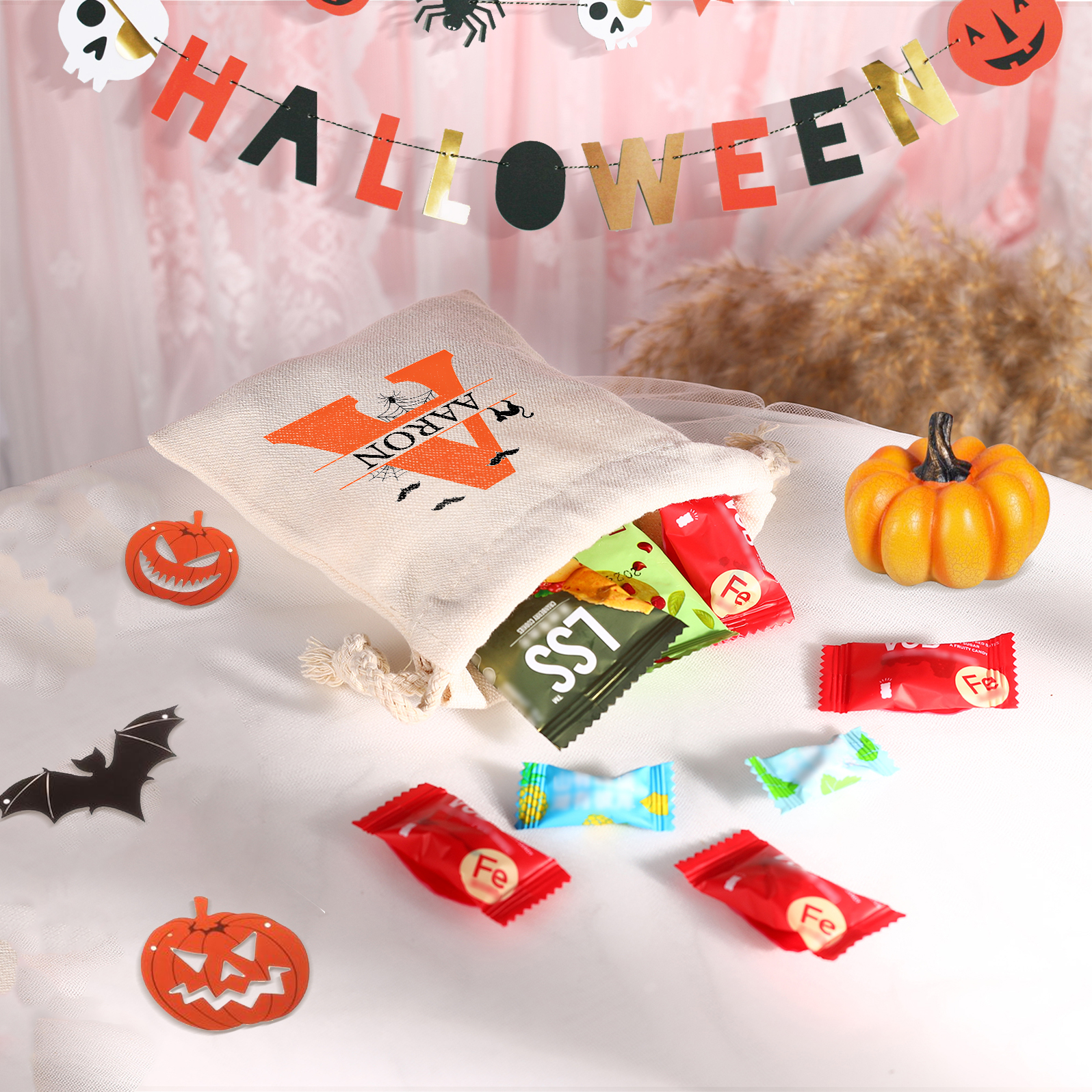Personalised Halloween Trick or Treat Bag with Name and Initial - Cotton and Hemp Drawstring Candy Bag for Kids | Jessmade