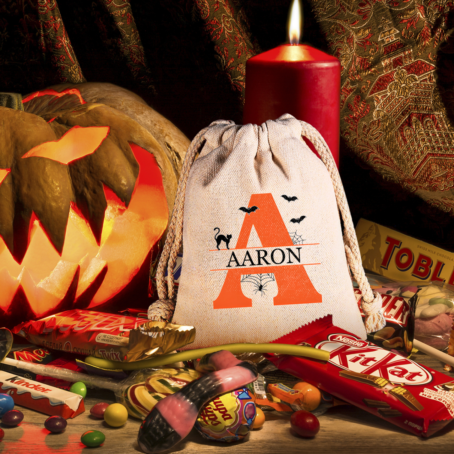 Personalised Halloween Trick or Treat Bag with Name and Initial - Cotton and Hemp Drawstring Candy Bag for Kids | Jessmade