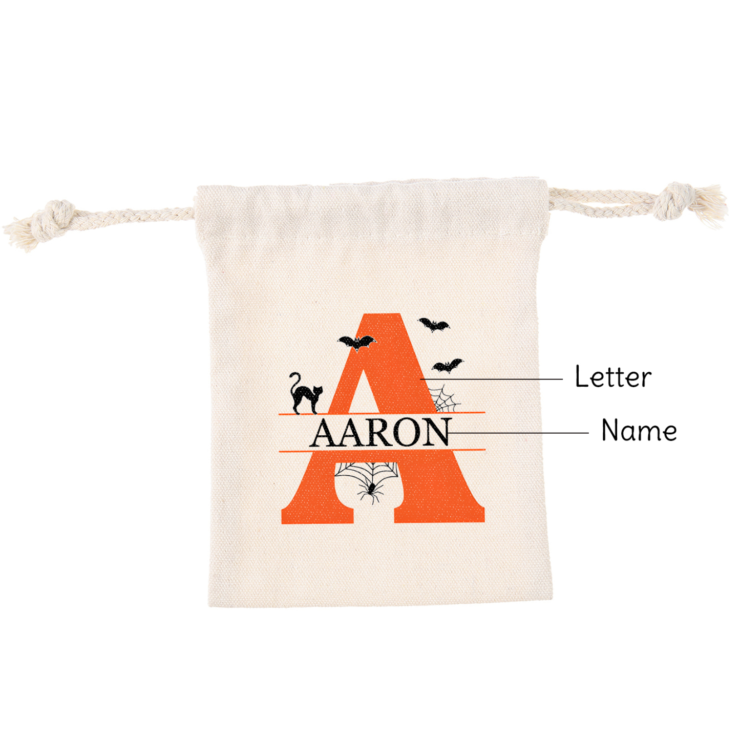 Personalised Halloween Trick or Treat Bag with Name and Initial - Cotton and Hemp Drawstring Candy Bag for Kids | Jessmade