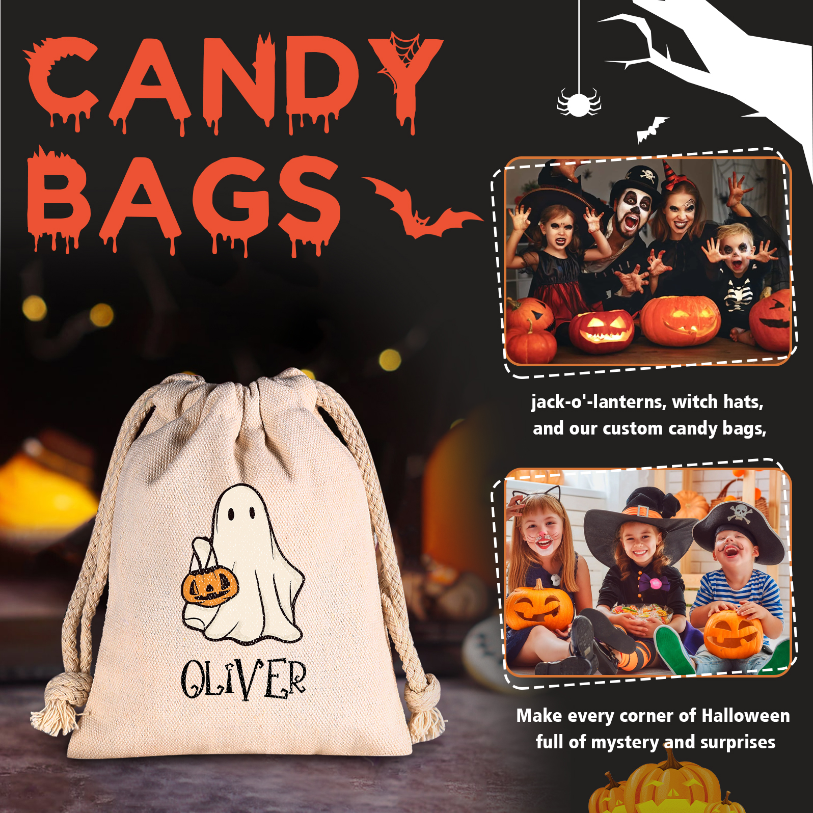Personalised Halloween Trick or Treat Bags - Custom Named Marshmallow Bags with Pumpkin/Ghost Designs For Kids | Jessmade