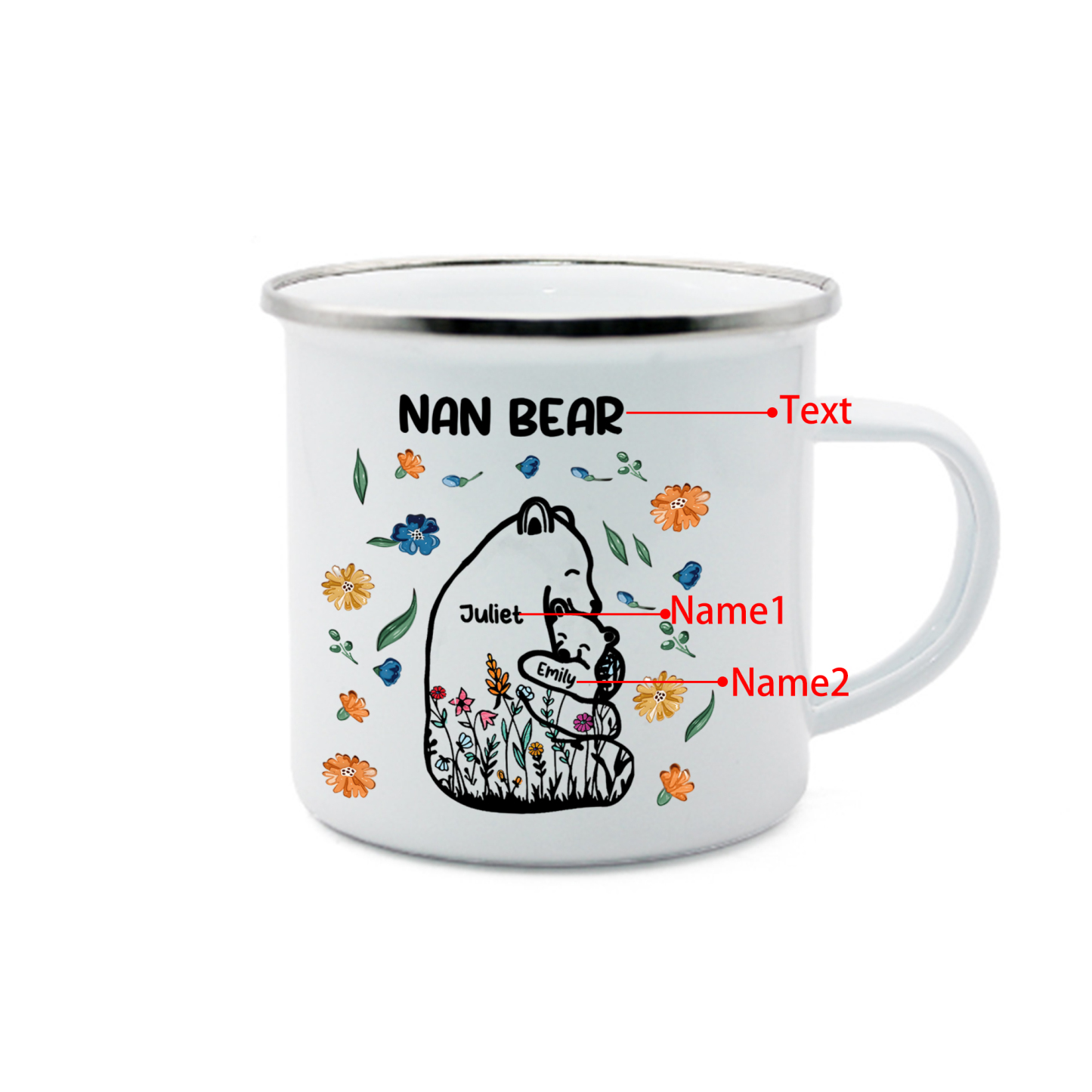 Personalised Mug - Custom 2-11 Names and 1 Text "Nan Bear" Enamel Cup Gifts for Nan/Mum | Jessmade