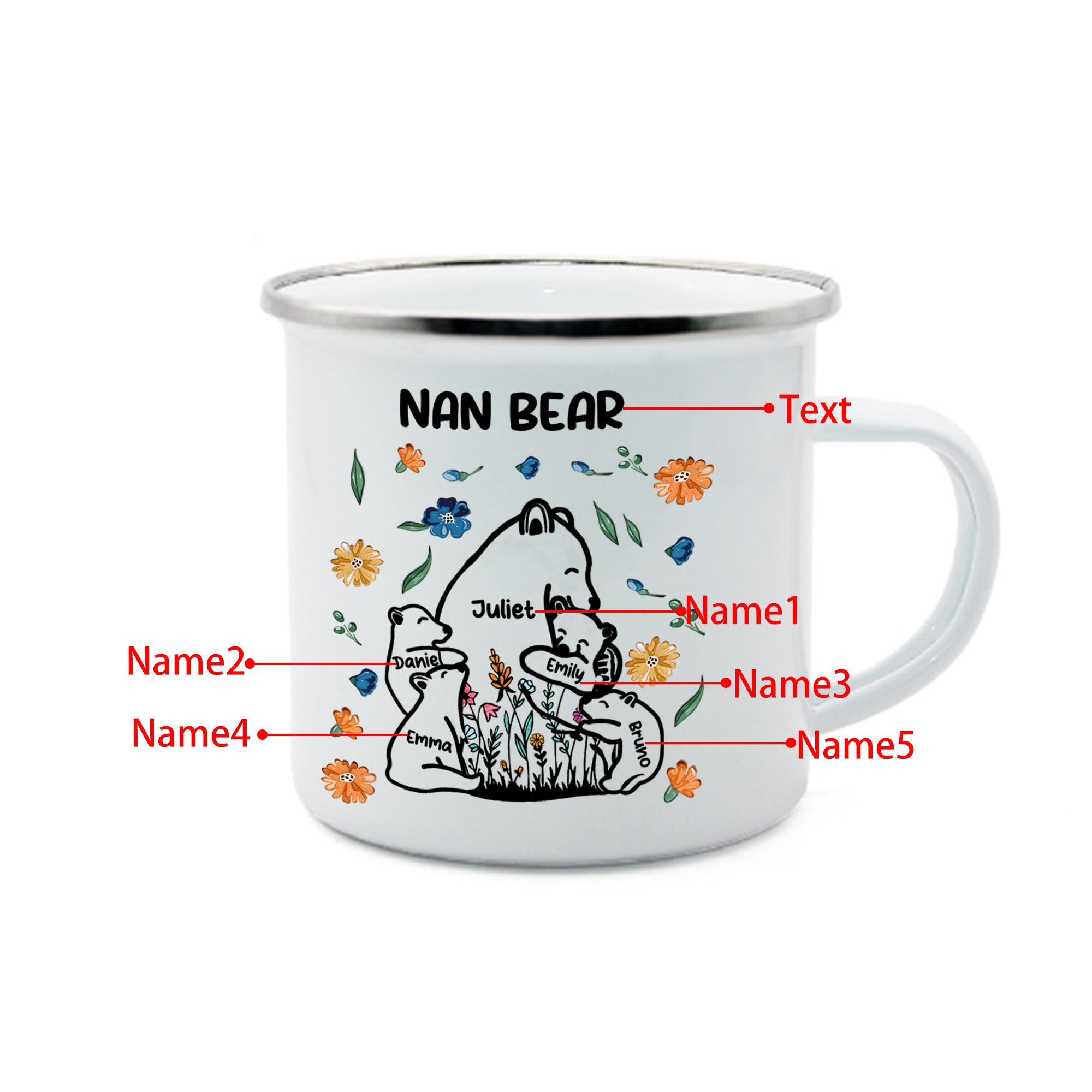 Personalised Mug - Custom 2-11 Names and 1 Text "Nan Bear" Enamel Cup Gifts for Nan/Mum | Jessmade