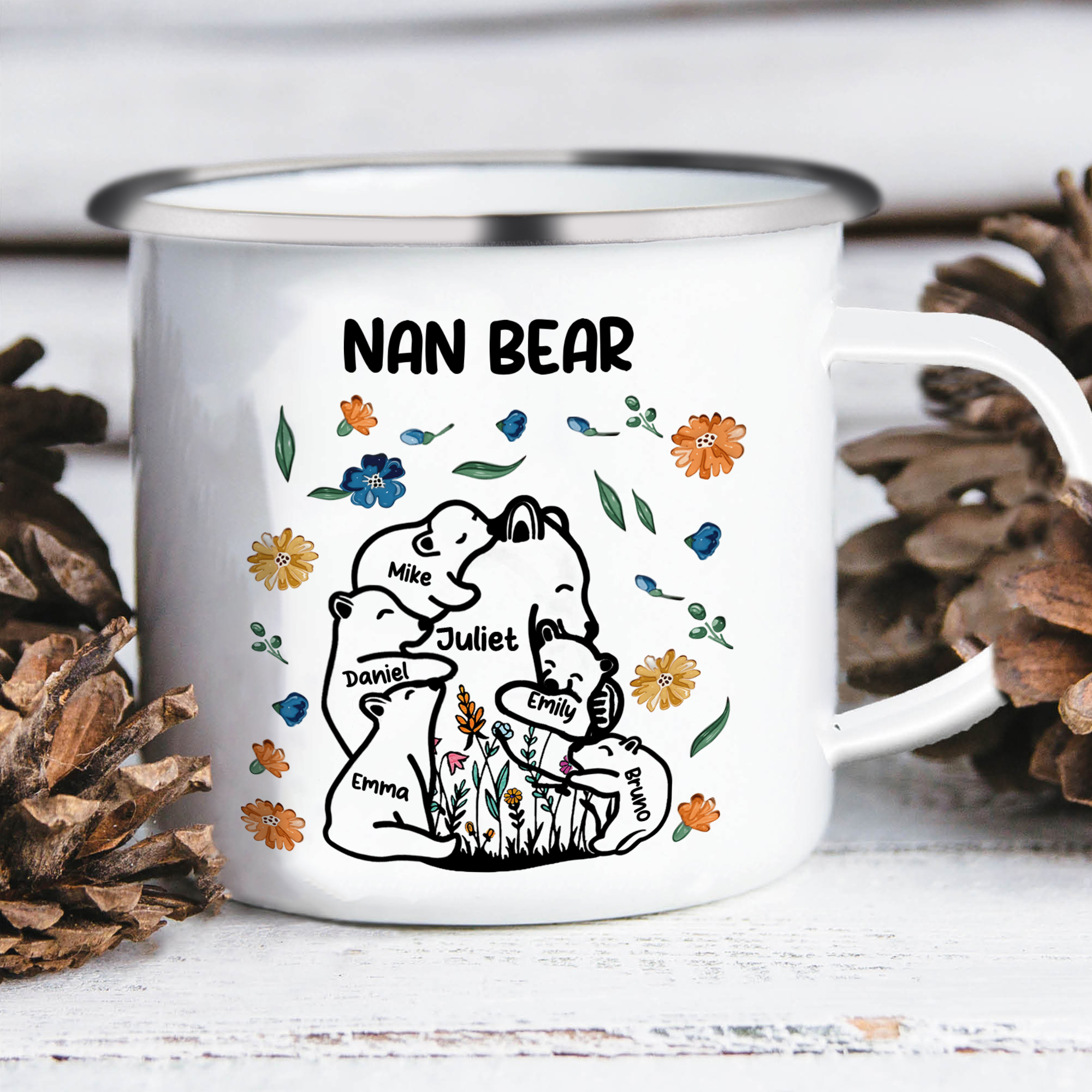 Personalised Mug - Custom 2-11 Names and 1 Text "Nan Bear" Enamel Cup Gifts for Nan/Mum | Jessmade
