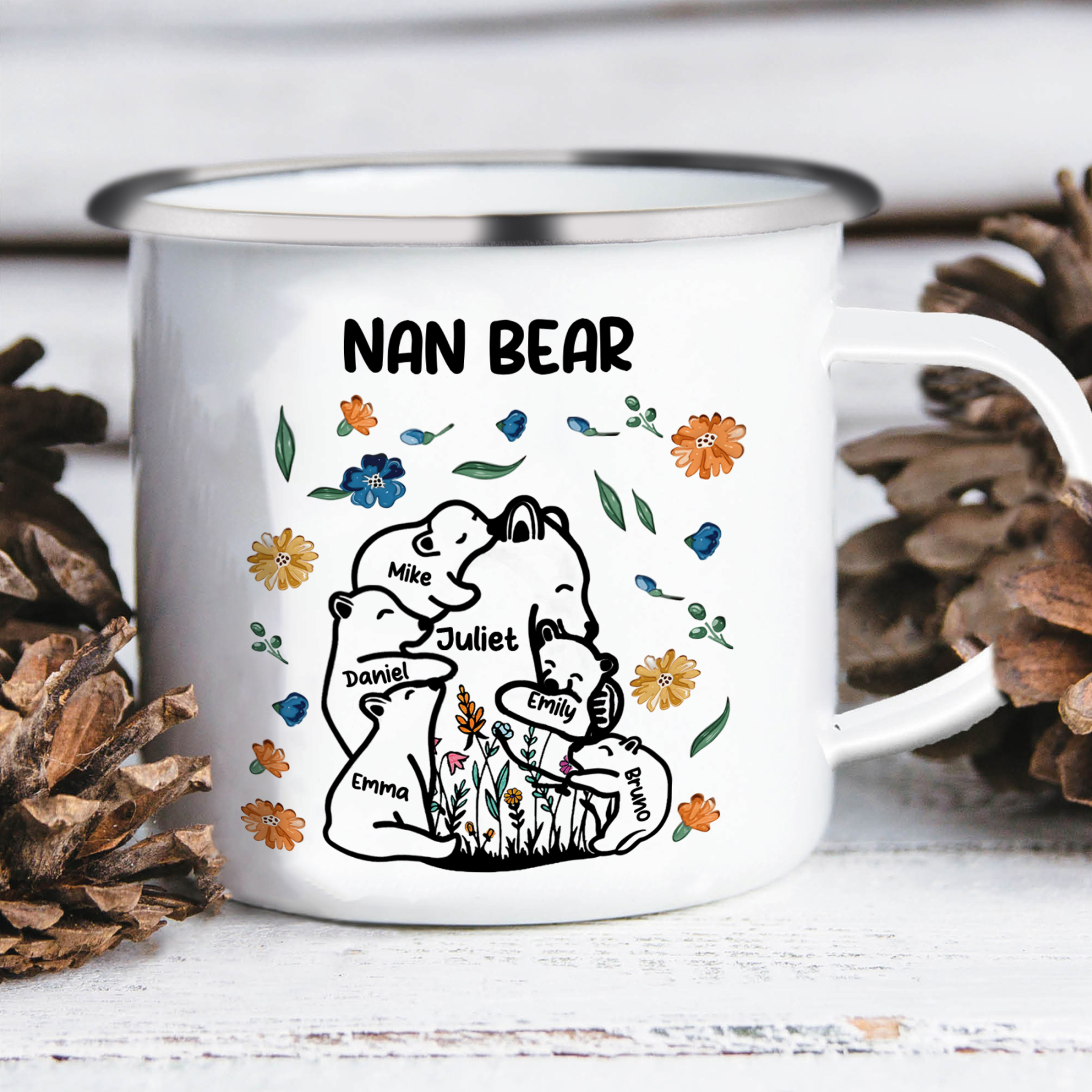 Personalised Mug - Custom 2-11 Names and 1 Text "Nan Bear" Enamel Cup Gifts for Nan/Mum | Jessmade