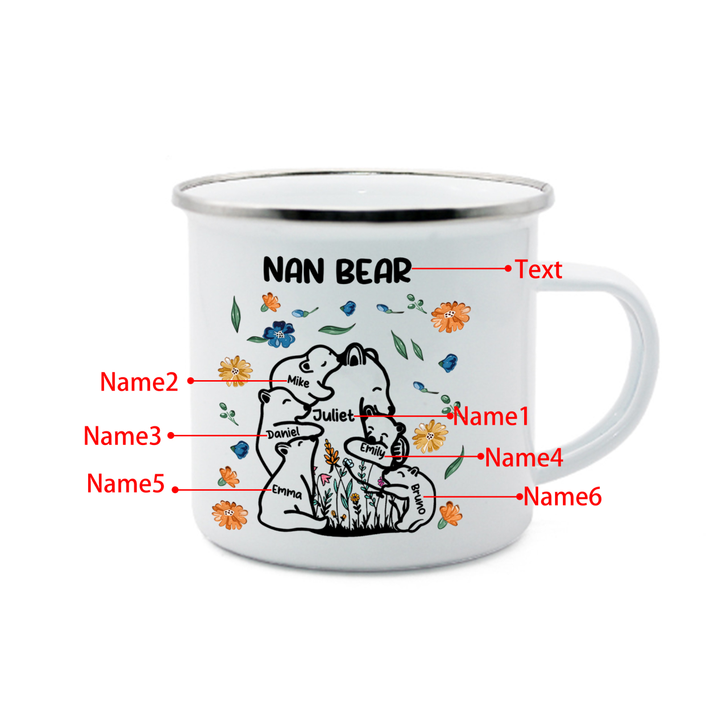 Personalised Mug - Custom 2-11 Names and 1 Text "Nan Bear" Enamel Cup Gifts for Nan/Mum | Jessmade