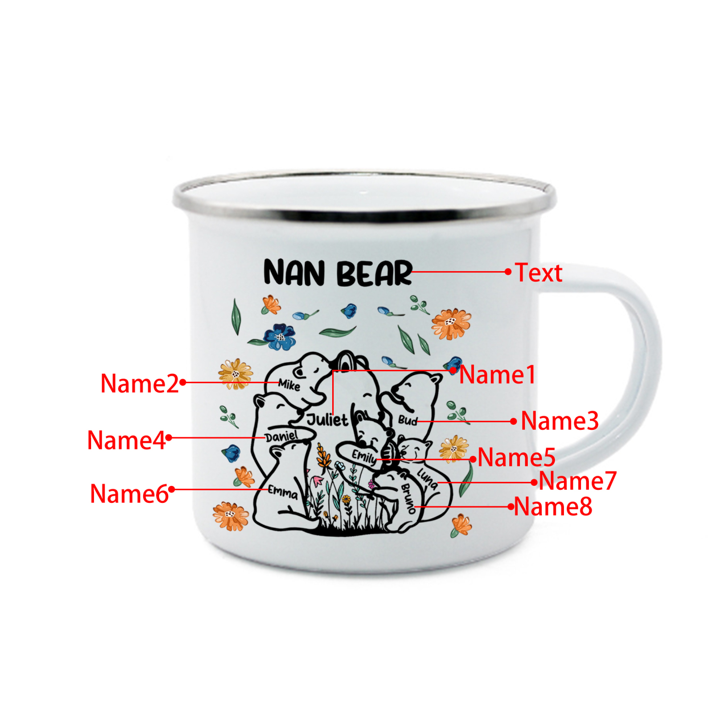 Personalised Mug - Custom 2-11 Names and 1 Text "Nan Bear" Enamel Cup Gifts for Nan/Mum | Jessmade