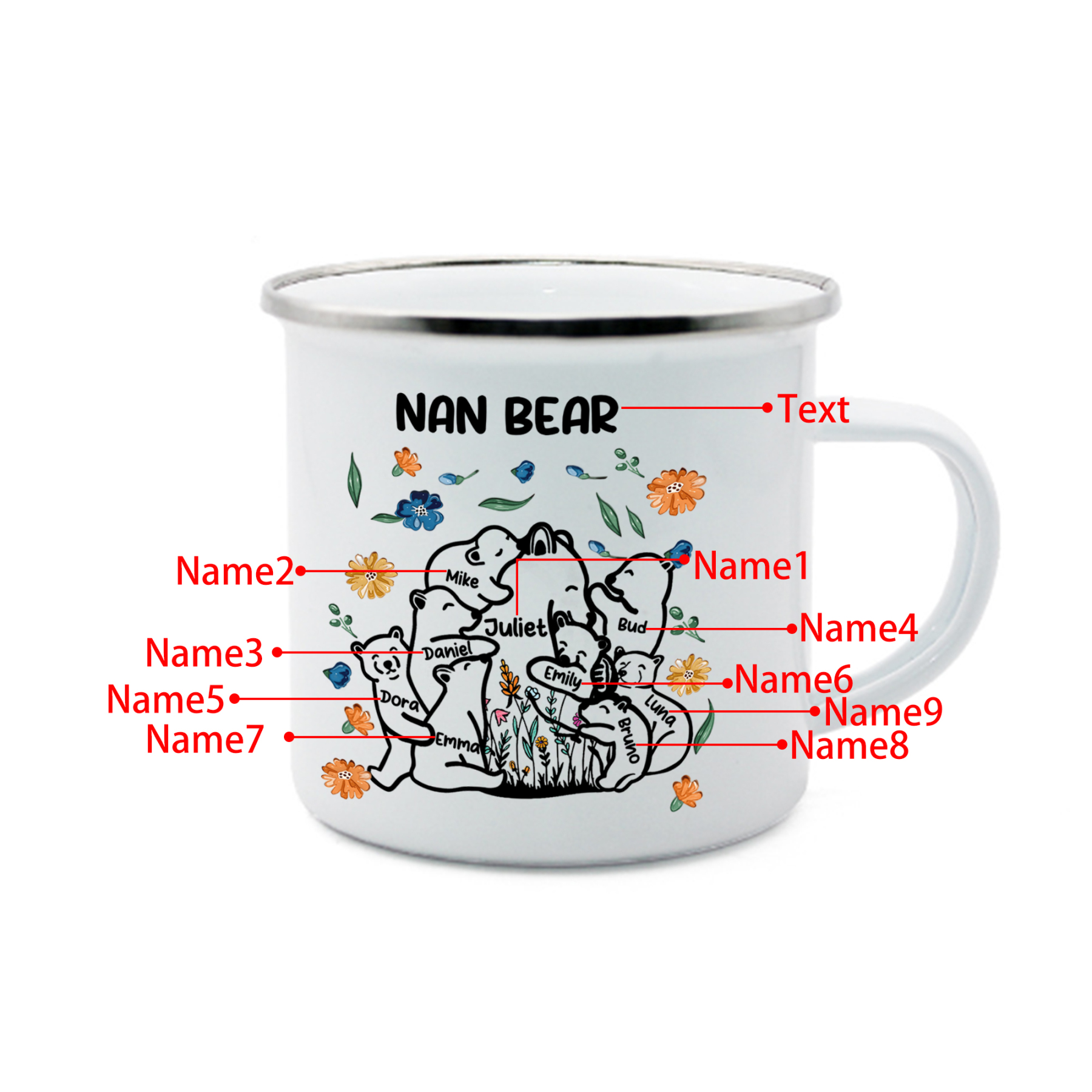 Personalised Mug - Custom 2-11 Names and 1 Text "Nan Bear" Enamel Cup Gifts for Nan/Mum | Jessmade