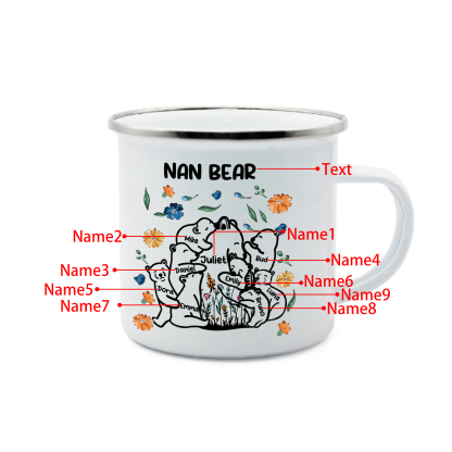 Personalised Mug - Custom 2-11 Names and 1 Text "Nan Bear" Enamel Cup Gifts for Nan/Mum | Jessmade
