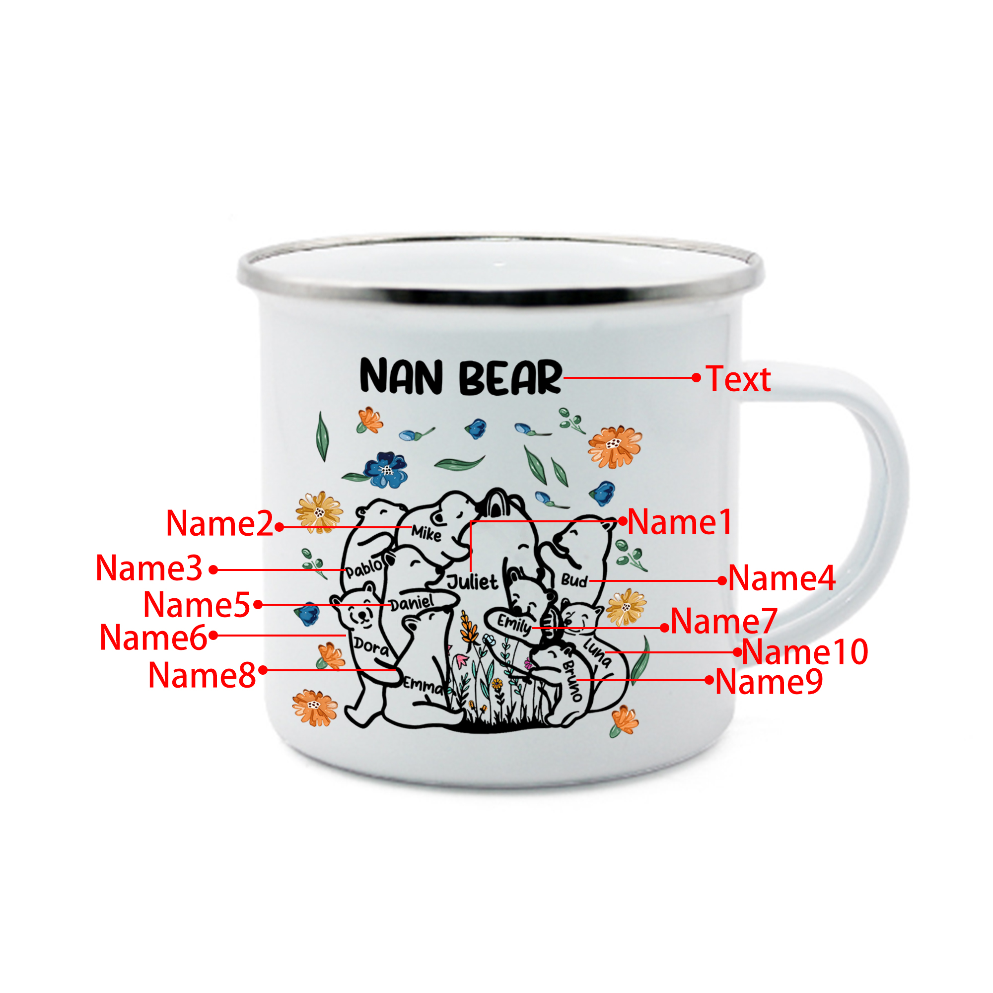 Personalised Mug - Custom 2-11 Names and 1 Text "Nan Bear" Enamel Cup Gifts for Nan/Mum | Jessmade