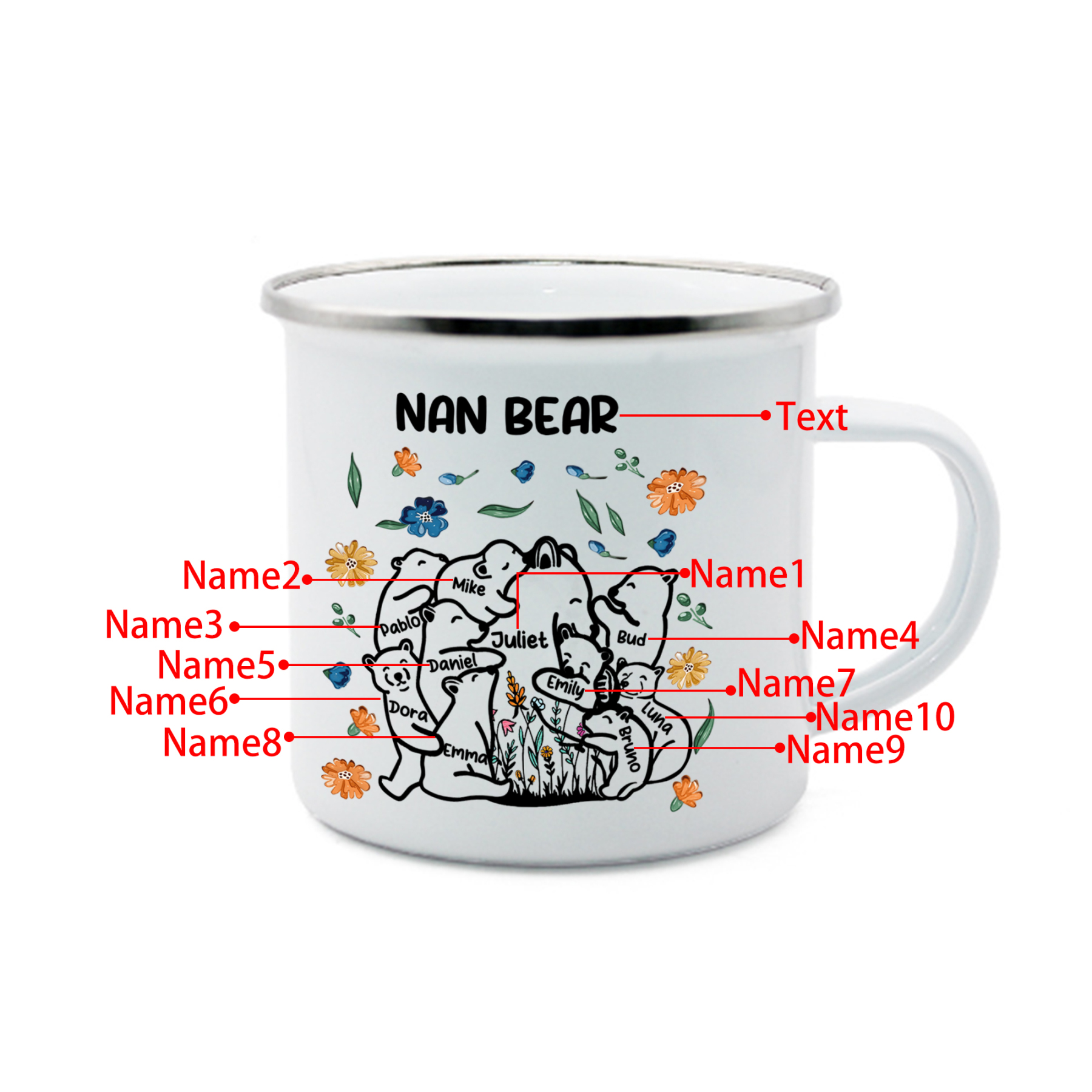Personalised Mug - Custom 2-11 Names and 1 Text "Nan Bear" Enamel Cup Gifts for Nan/Mum | Jessmade