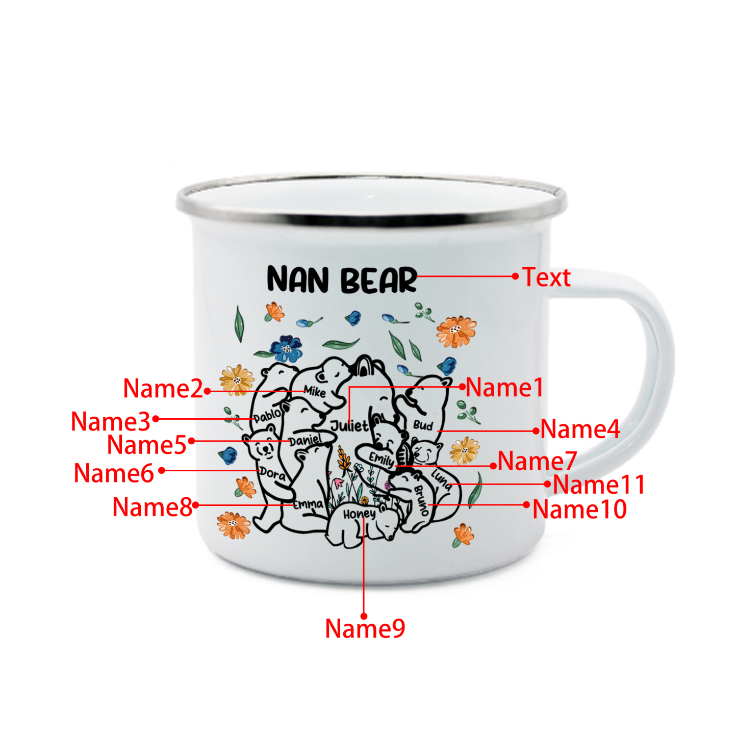 Personalised Mug - Custom 2-11 Names and 1 Text "Nan Bear" Enamel Cup Gifts for Nan/Mum | Jessmade
