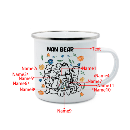Personalised Mug - Custom 2-11 Names and 1 Text "Nan Bear" Enamel Cup Gifts for Nan/Mum | Jessmade