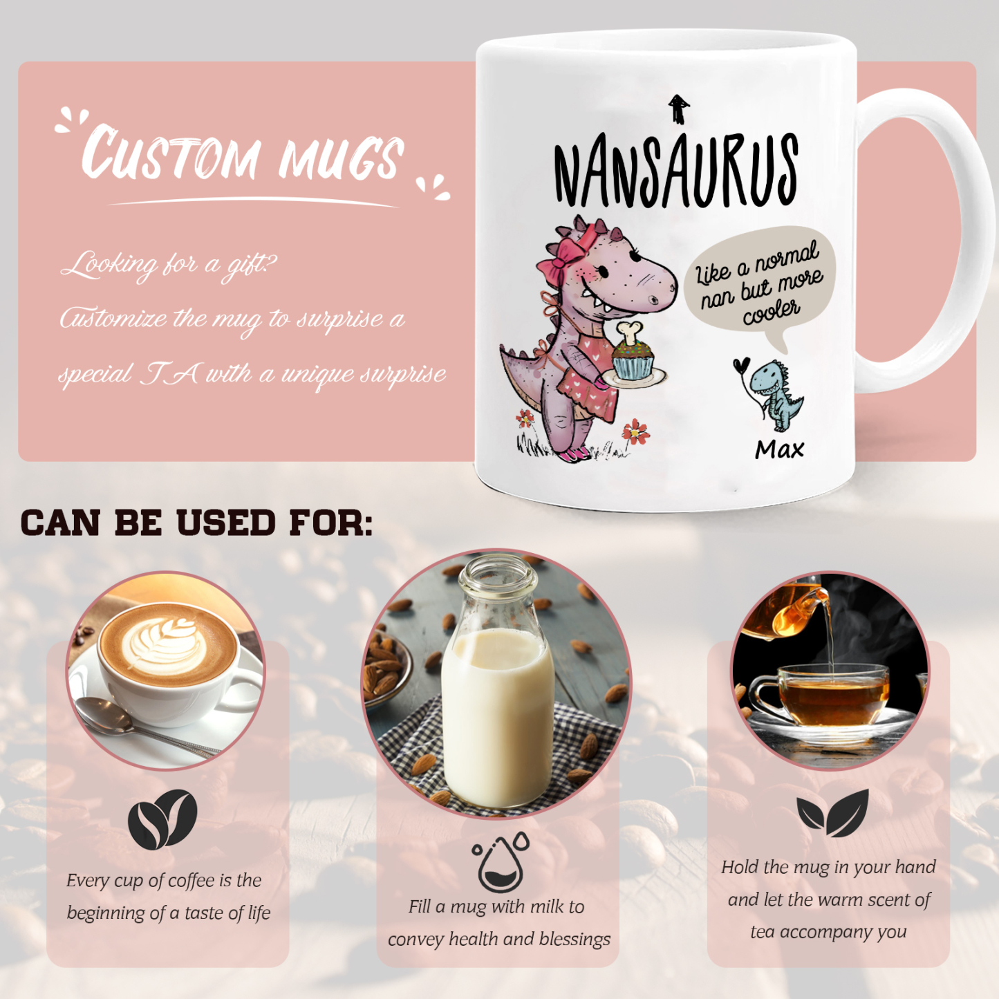 Personalised "Grandadsaurus" and "Nansaurus" Custom 1 Name Mug Set - Gift for Grandparents | Jessmade