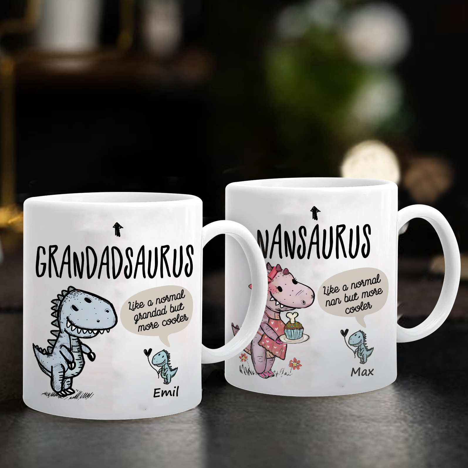 Personalised "Grandadsaurus" and "Nansaurus" Custom 1 Name Mug Set - Gift for Grandparents | Jessmade
