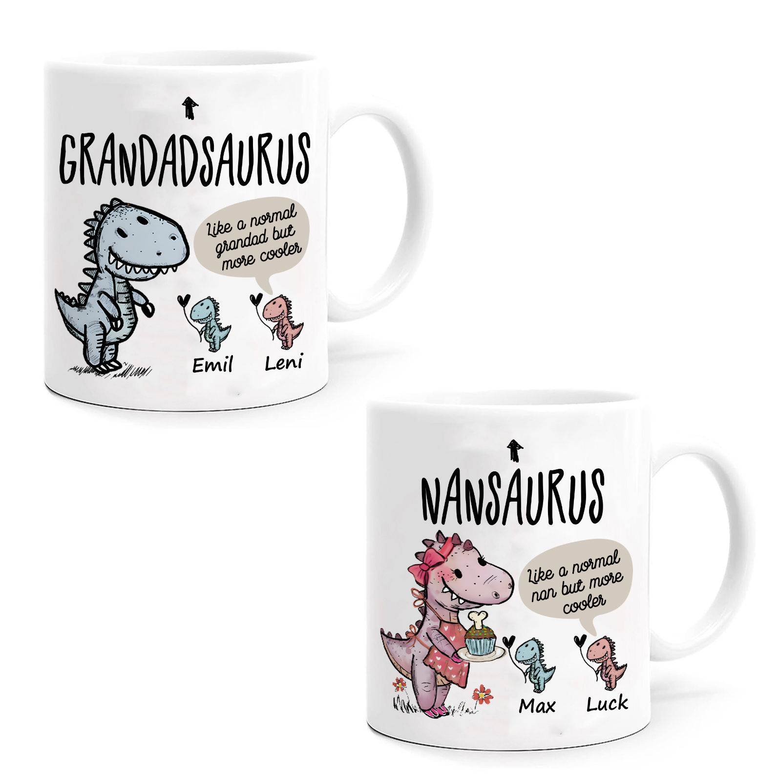 Personalised "Grandadsaurus" and "Nansaurus" Custom 2 Names Mug Set - Gift for Grandparents | Jessmade