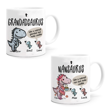 Personalised "Grandadsaurus" and "Nansaurus" Custom 2 Names Mug Set - Gift for Grandparents | Jessmade