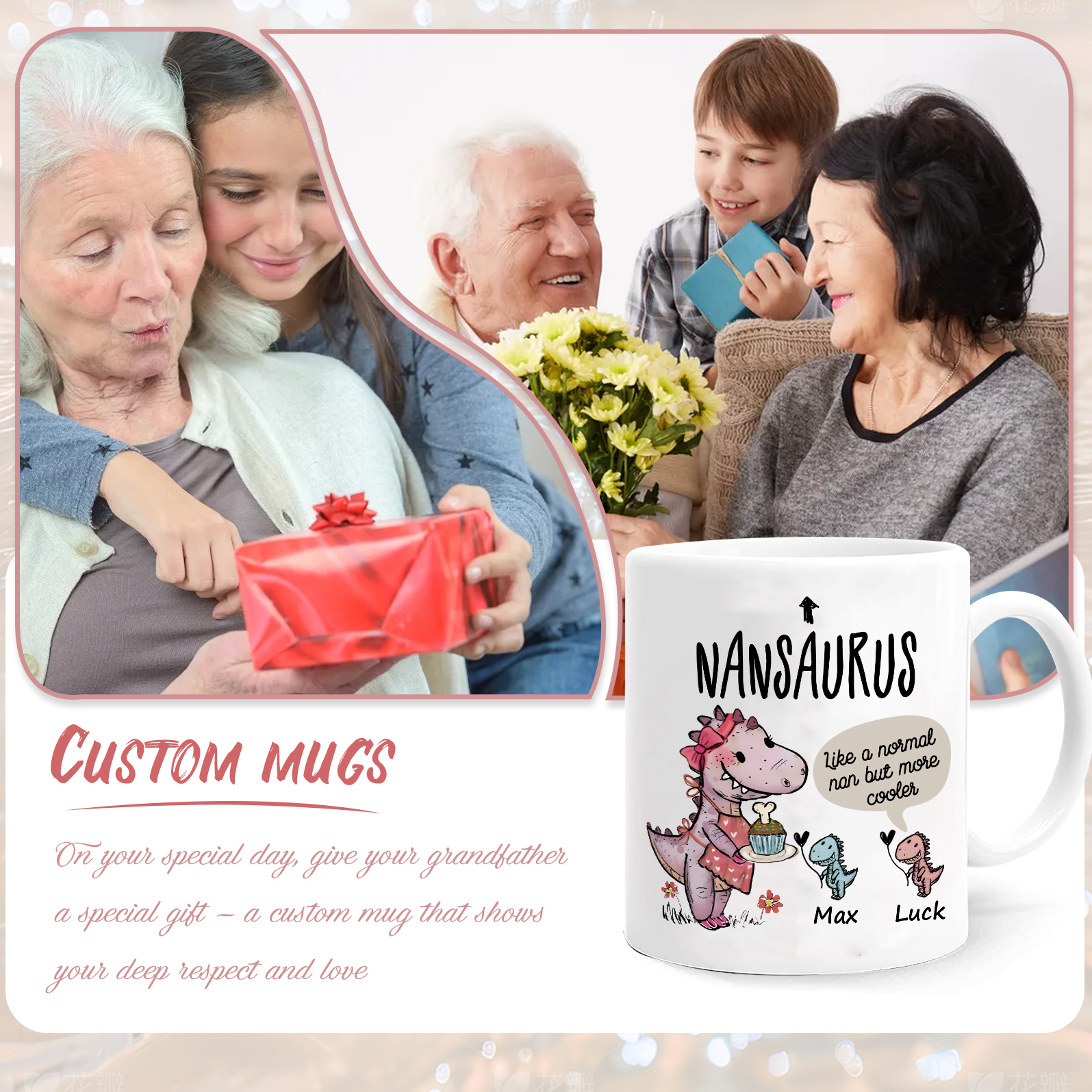 Personalised "Grandadsaurus" and "Nansaurus" Custom 2 Names Mug Set - Gift for Grandparents | Jessmade